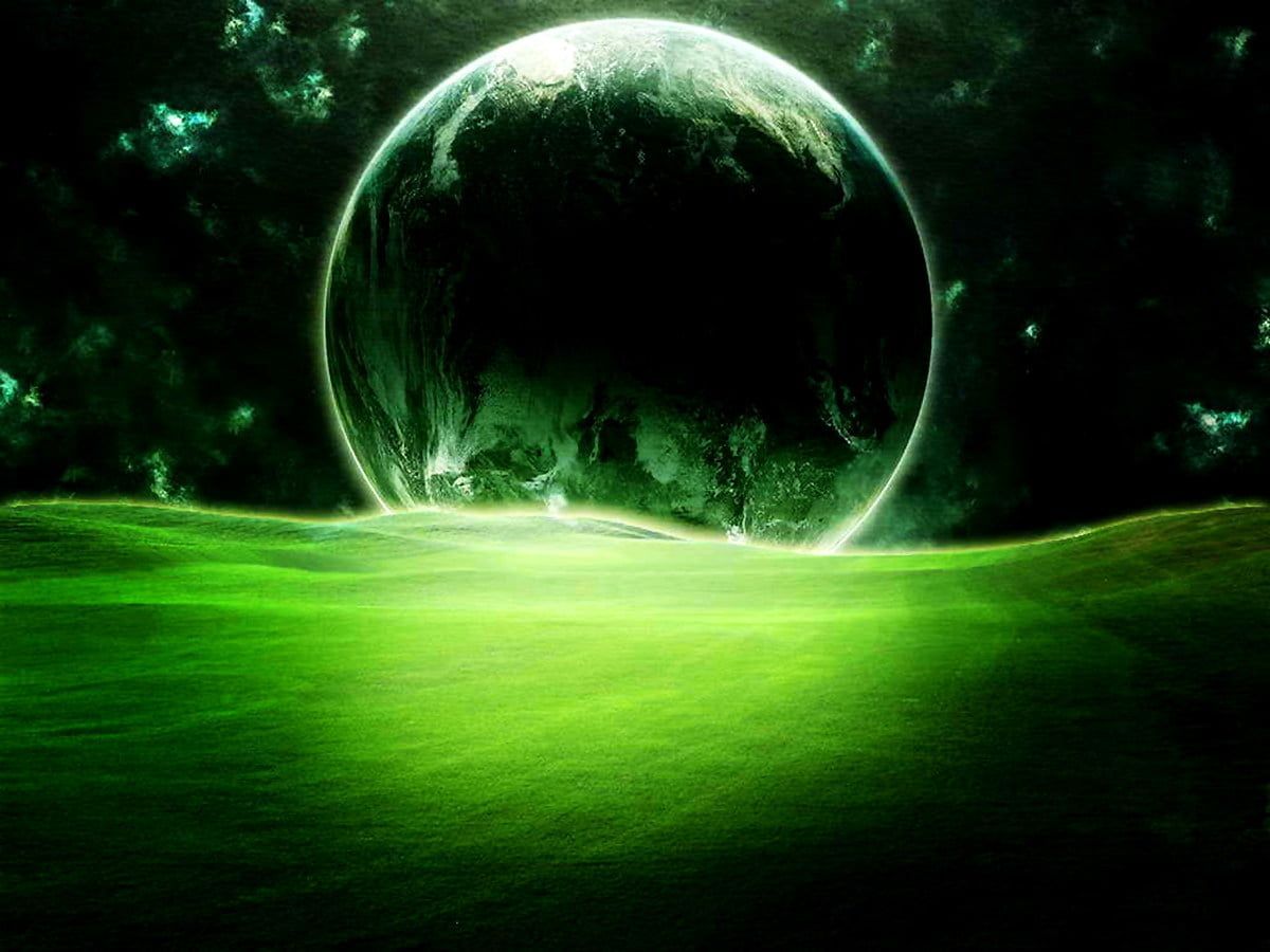 Planet, Grünes Leuchten, Wiese, Fantasy, Hintergrundbild für iPad und Tablet