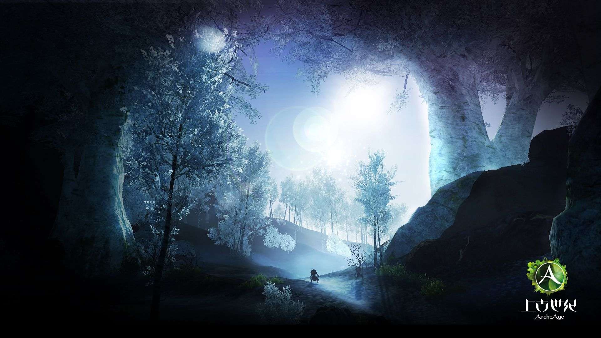Fantasy-Landschaft, Höhle, Mondlicht, Blau, Full HD 1080p, Desktop-Hintergrundbild