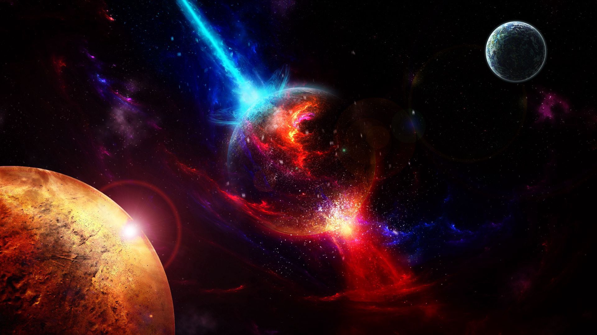 Planeten, Komet, Weltraum, Rot und Blau, Digital Art, 16:9, Full-HD-Hintergrundbild für den Desktop