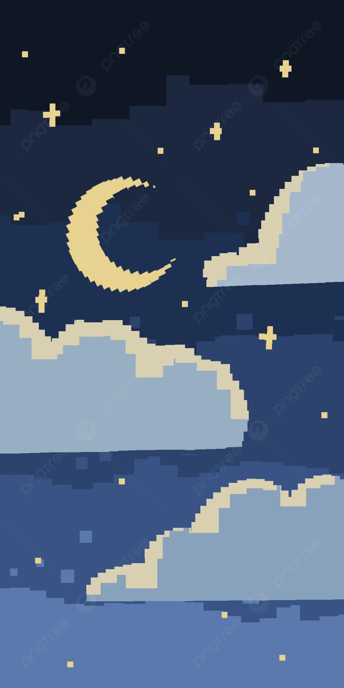 Mondsichel, Wolken, Pixel-Art, Nachthimmel, Full HD, Handy-Hintergrund im Hochformat