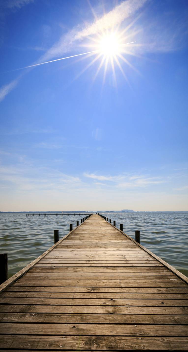 Steg, Sonne, Meer, Blauer Himmel, HD, Handy-Hintergrund im Hochformat