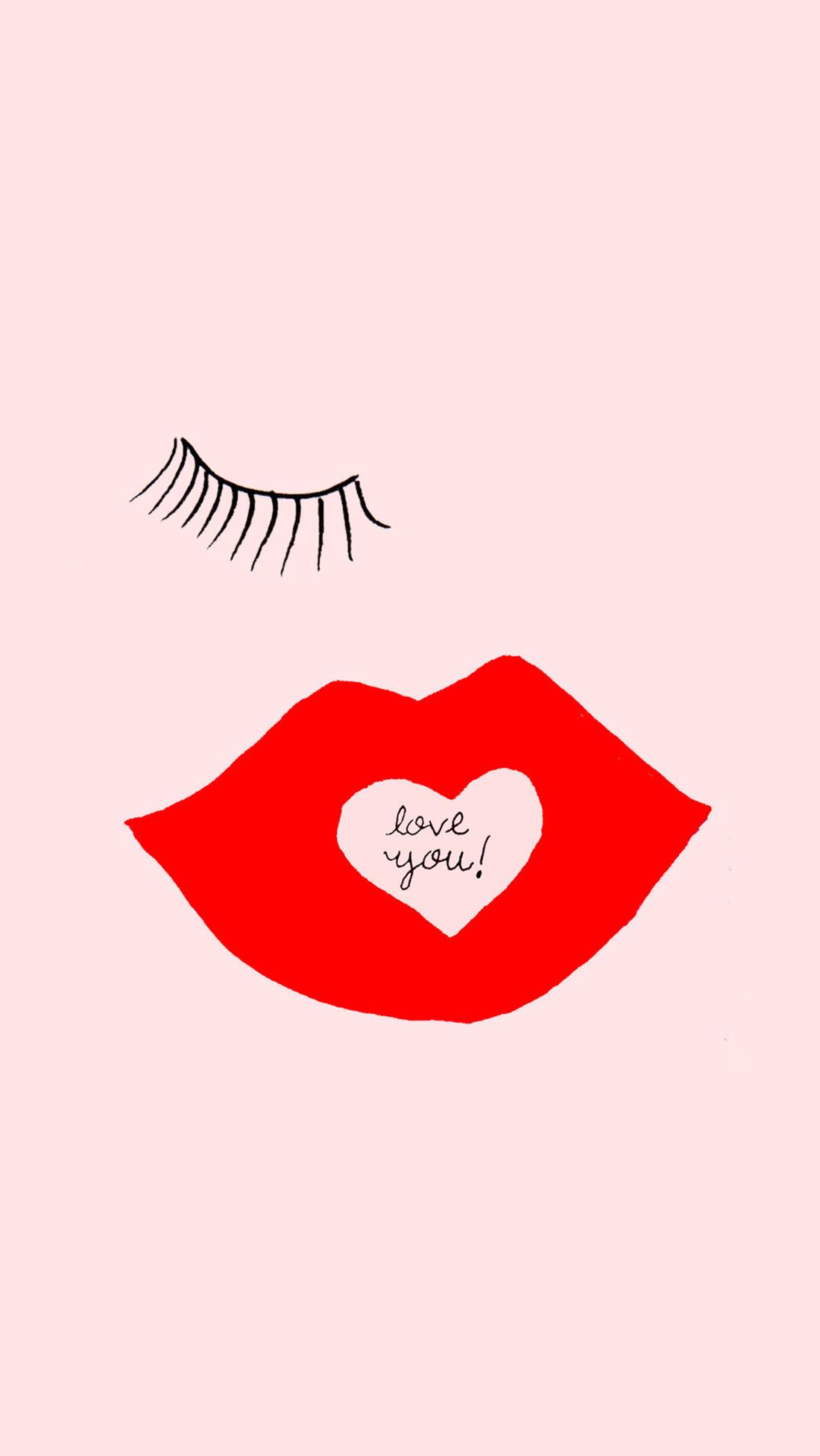 Rote Lippen, Wimpern, Herz, Rosa Hintergrund, Minimalistisch, Sperrbildschirm fürs iPhone