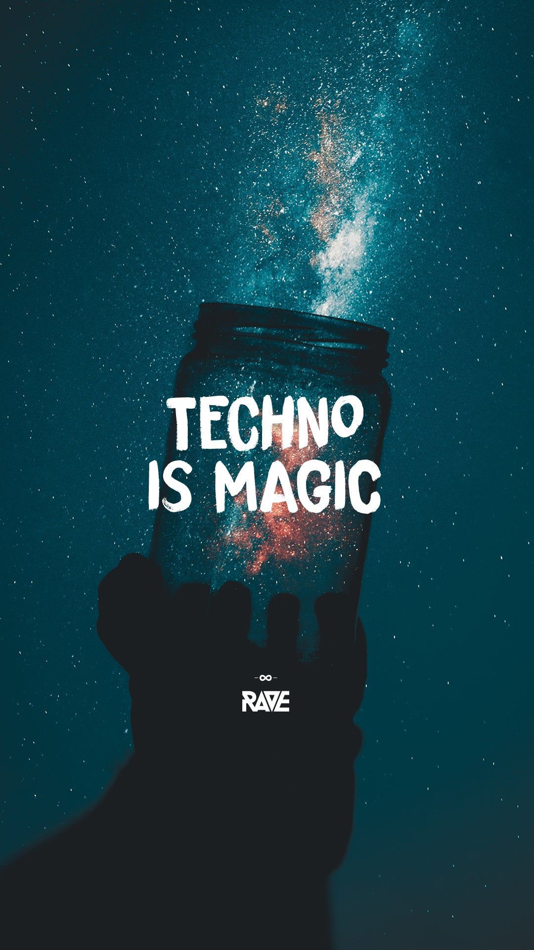 Techno is Magic, Zitat, Sternenhimmel, Hand, Hochformat, Full HD, Handy-Hintergrund
