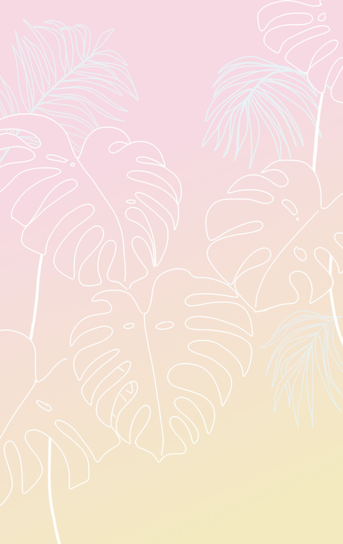 Monstera-Blätter, Strichzeichnung, Pastellfarben, Rosa, Hochformat, Hintergrundbild fürs Smartphone