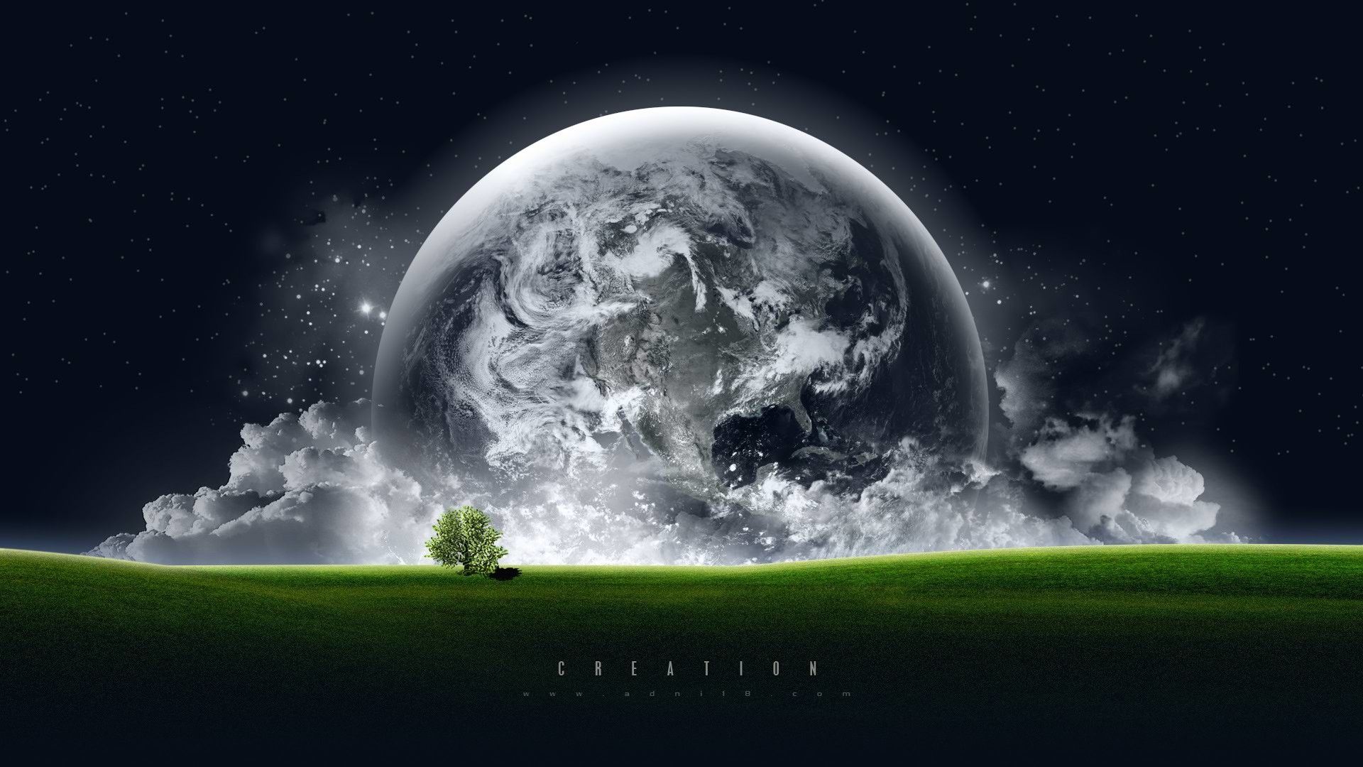 Erde, Baum, Wiese, Surreal, Schwarz-Weiß, Full HD, Desktop-Hintergrund für Windows