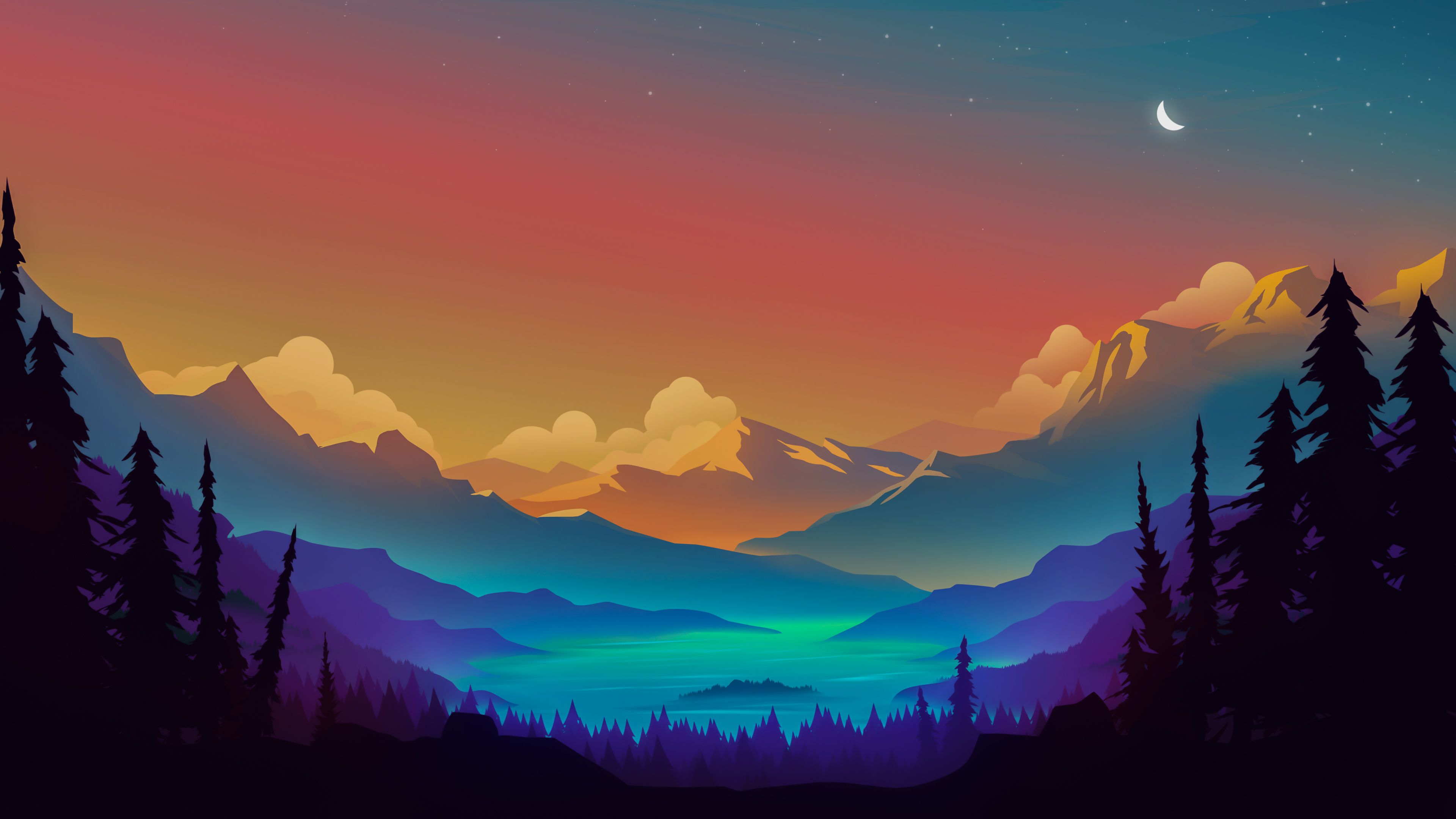 Berglandschaft, Nadelwald, Flaches Design, Mondsichel, 4K 2160p, Desktop-Hintergrundbild
