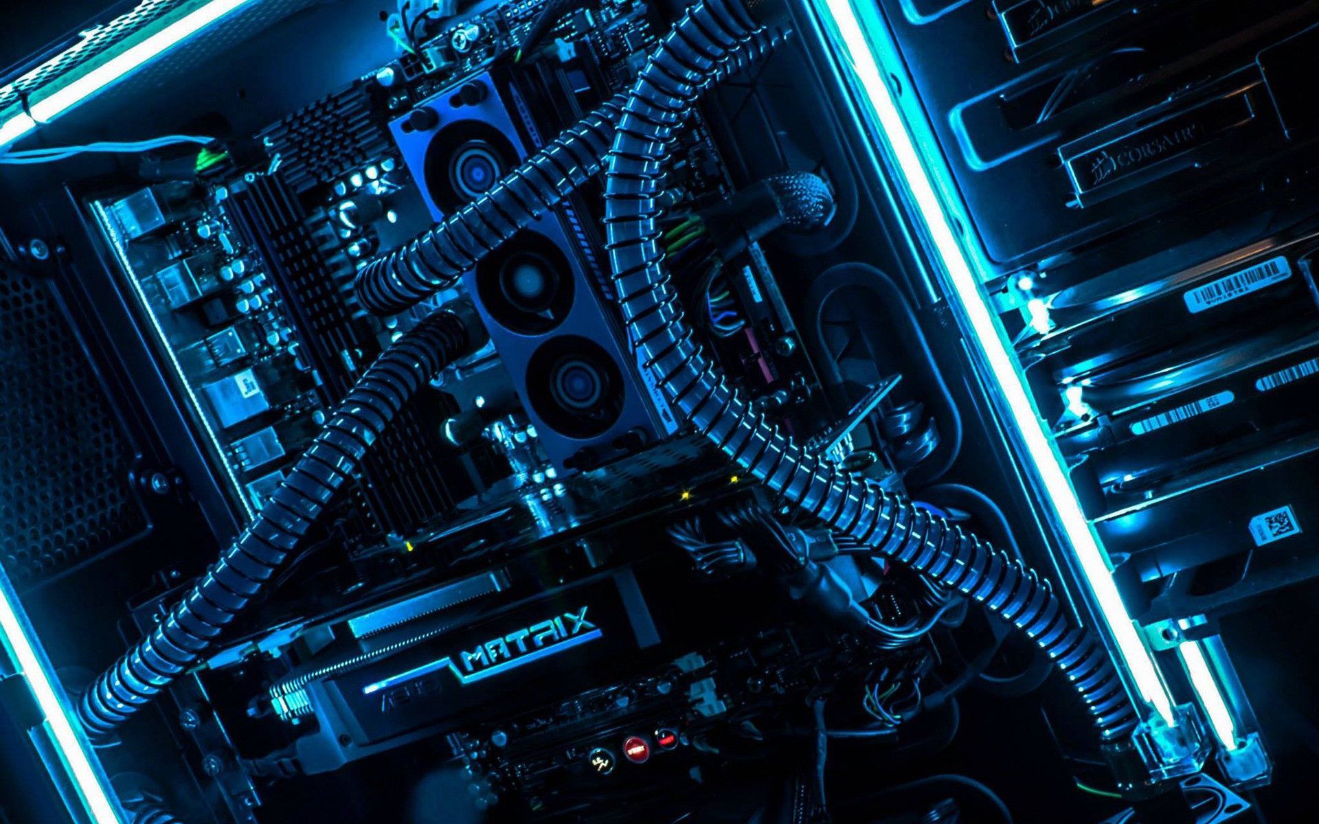 Gaming-PC, Wasserkühlung, Neonblau, Hardware, 16:10, Full-HD-Hintergrundbild für den Desktop