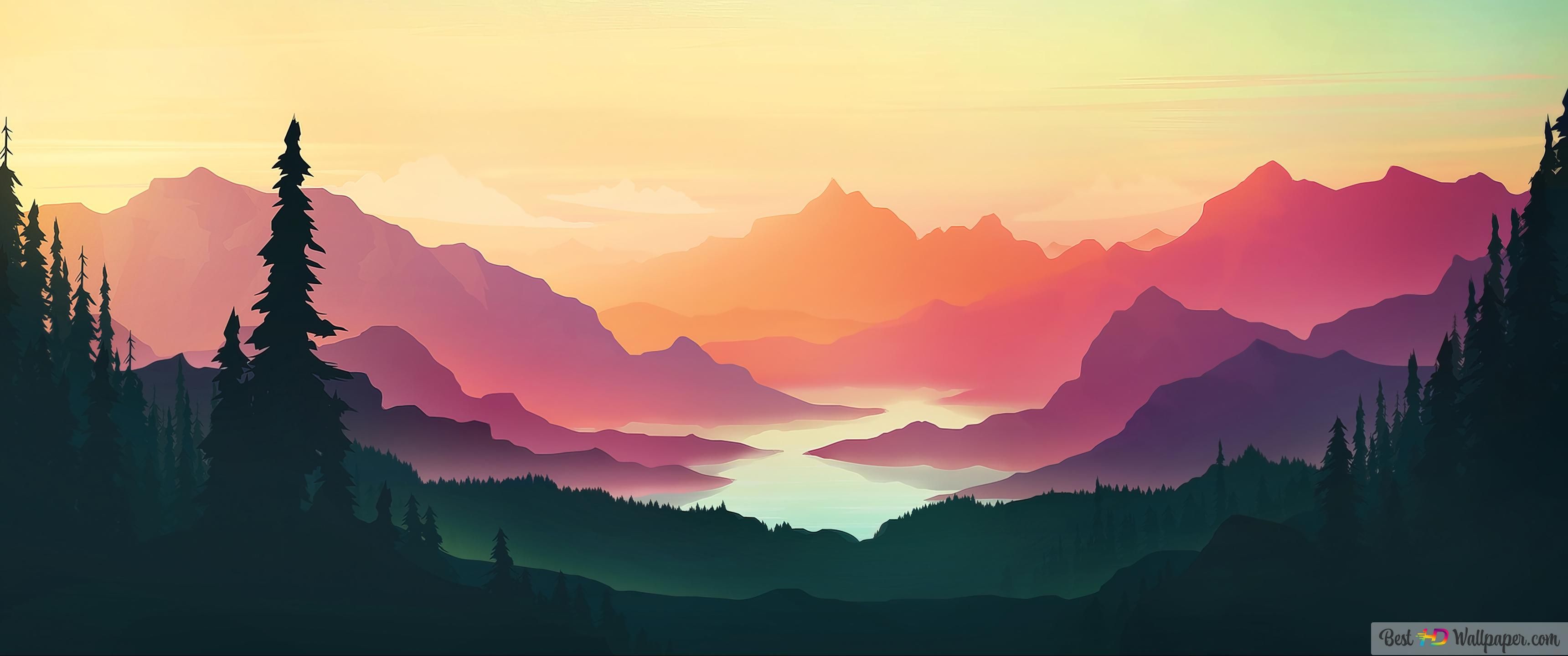 Berglandschaft, Silhouetten, Sonnenuntergang, Flaches Design, 2K-Hintergrundbild für PC