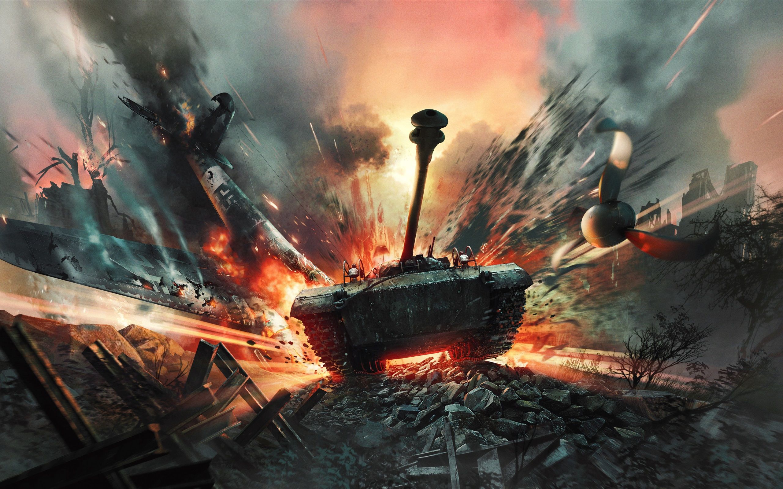 Panzer, Explosion, Schlachtfeld, Digitale Kunst, 16:10, 2K-Hintergrundbild für den Desktop