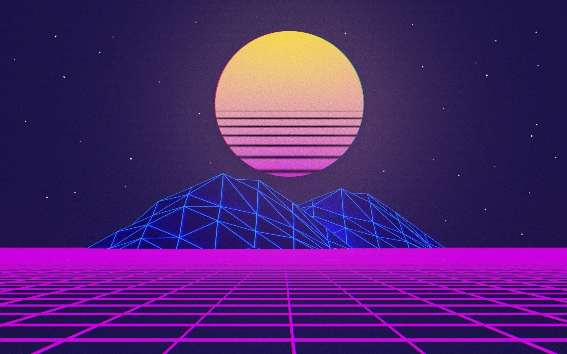 Synthwave, Retro-Sonne, Neon-Gitter, Berge, Lila, 16:10, Full-HD-Hintergrundbild für den Desktop