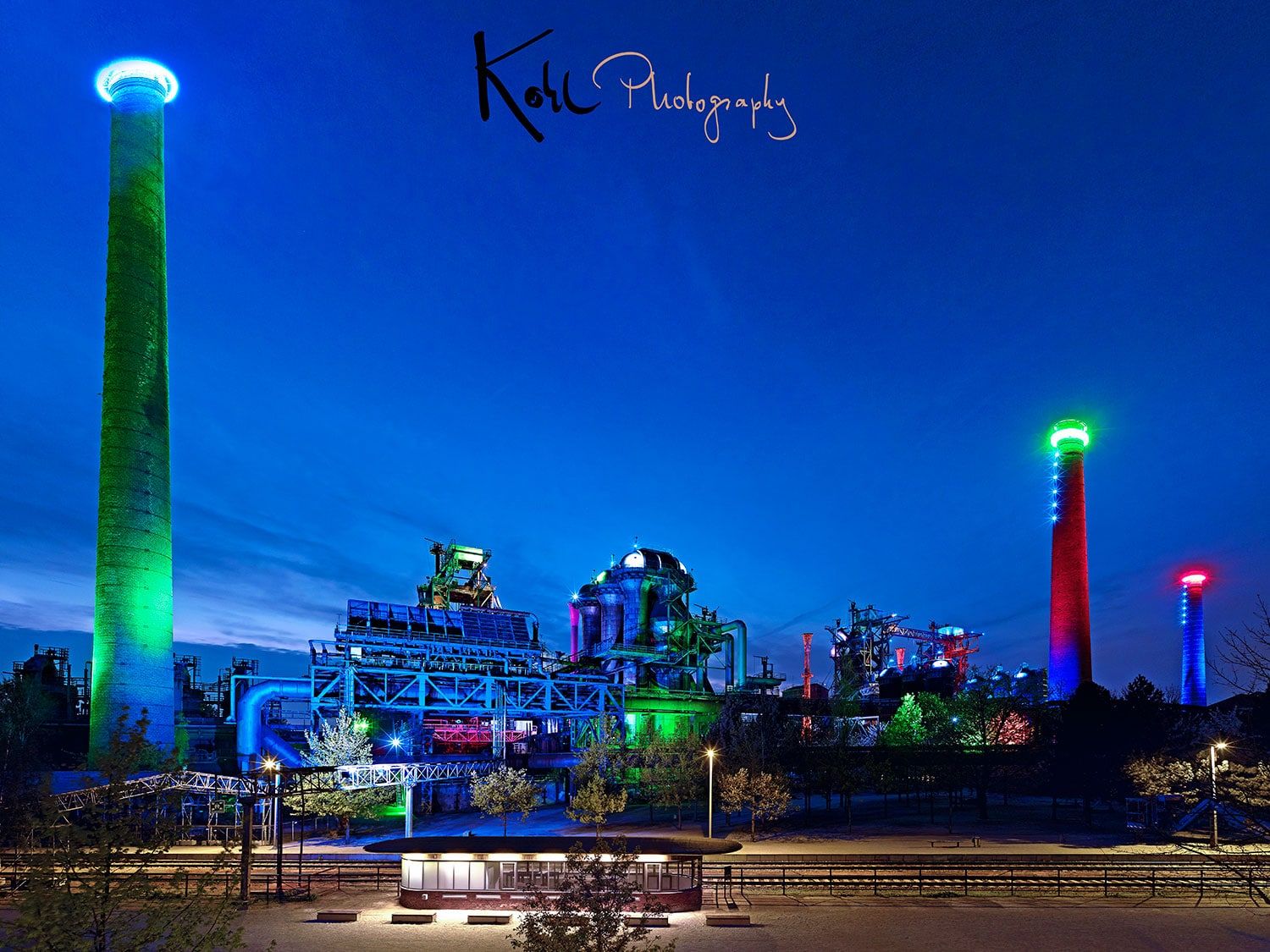 Landschaftspark Duisburg-Nord, Industriekultur, Beleuchtung, Nacht, Hintergrundbild fürs iPad
