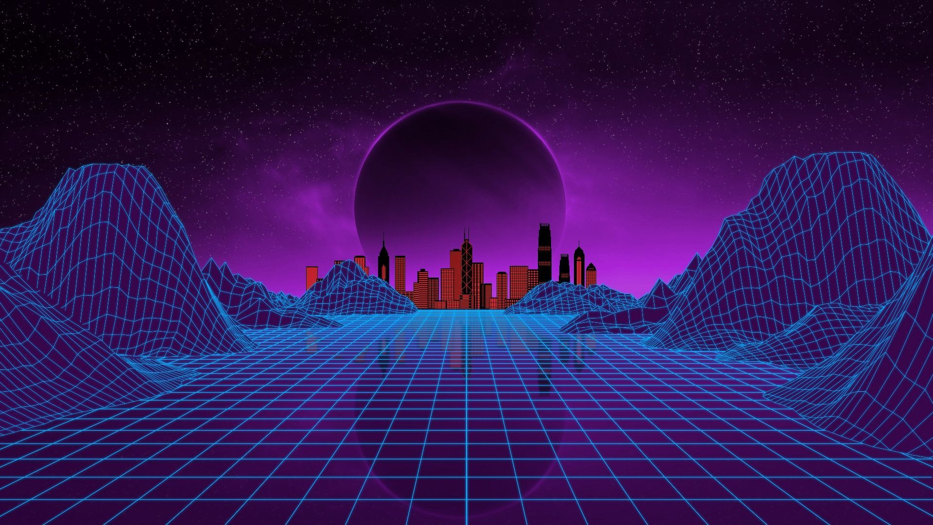 Synthwave, Skyline, Gitternetz, Lila, Full HD, Desktop-Hintergrund für Windows