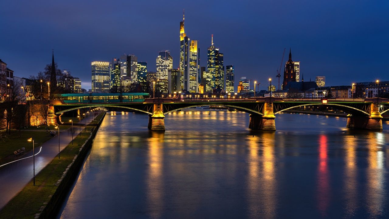 Frankfurt am Main, Skyline, Main, Brücke, Nacht, 16:9, HD-Hintergrundbild für den Desktop