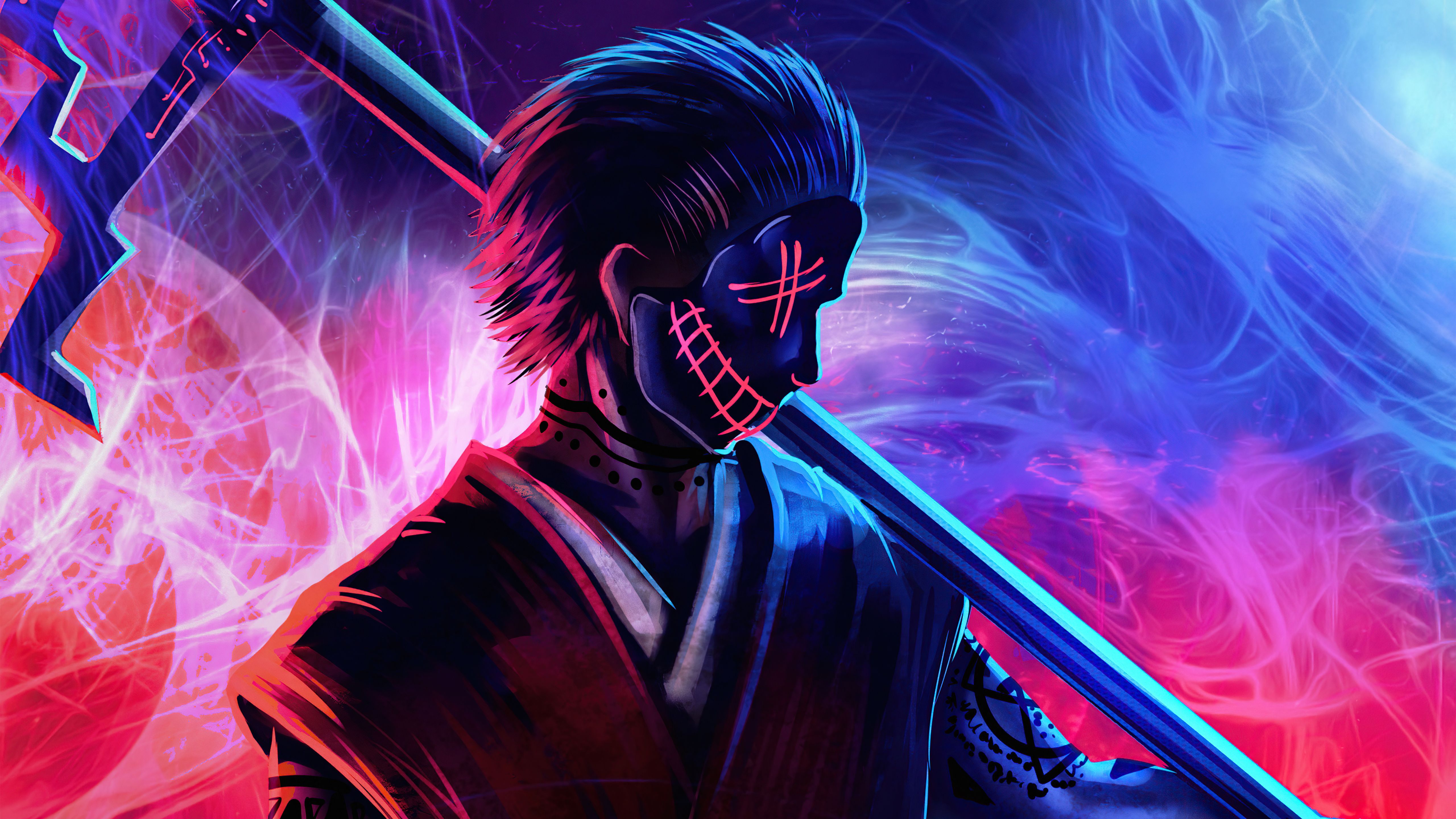 Neon-Maske, Leuchtende Maske, Neon, Samurai, Digitale Kunst, 5K-Hintergrundbild für PC