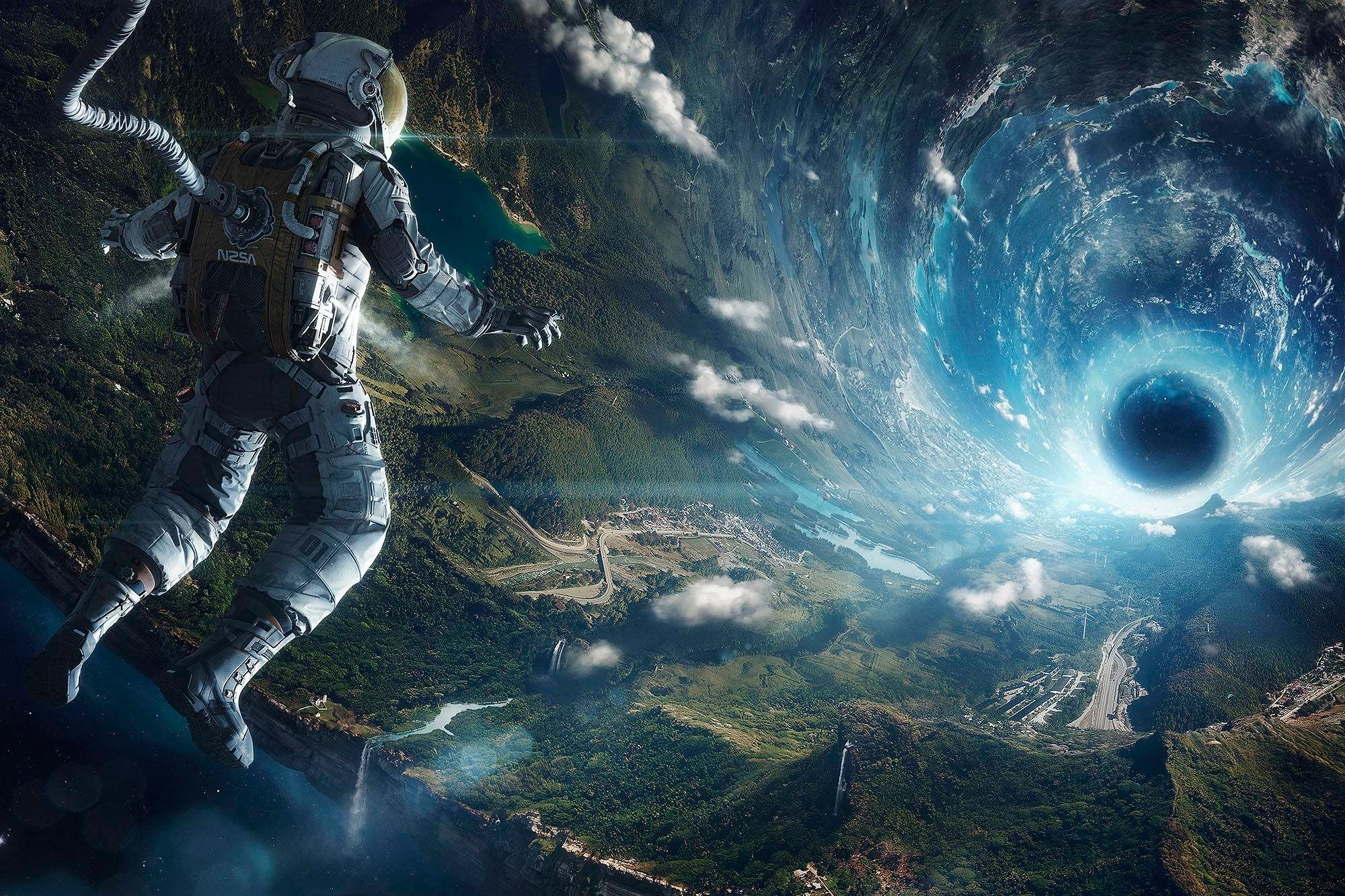Astronaut, Schwarzes Loch, Weltraum, Surreal, Wolken, Digitale Kunst, Full HD, Desktop-Hintergrund