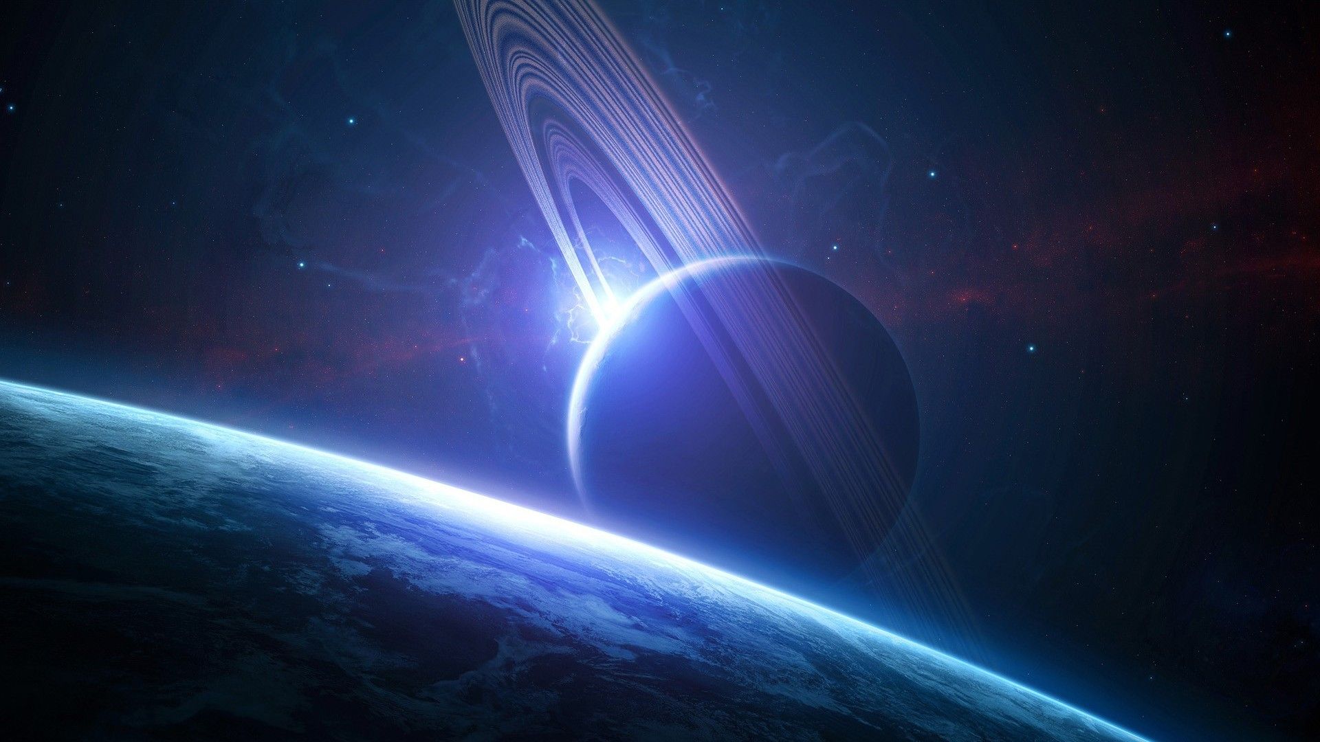 Ringplanet, Planetenhorizont, Digitale Kunst, Blautöne, Science-Fiction, Full HD, Desktop-Hintergrund