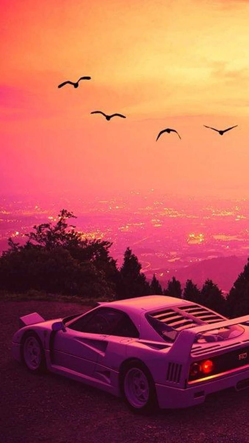 Ferrari F40, Sonnenuntergang, Vögel, Retrowave, Pink, HD, Hintergrundbild fürs Handy