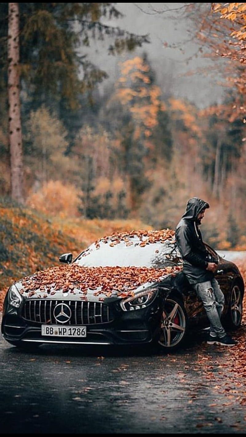 Mercedes-AMG GT, Herbstlaub, Wald, Mann, Sportwagen, Hochformat, Hintergrundbild fürs Smartphone