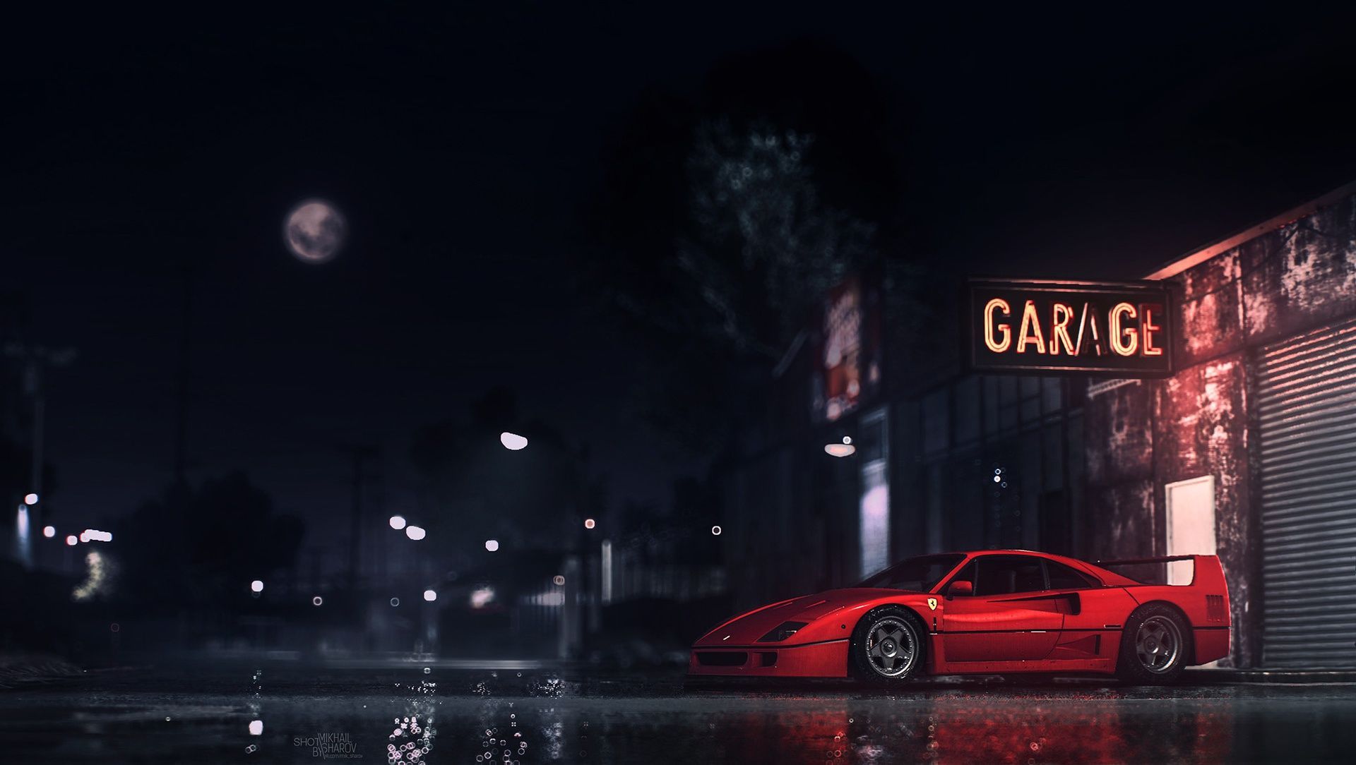 Ferrari F40, Garage, Nacht, Neonschild, Regen, Full HD, Desktop-Hintergrund für Windows