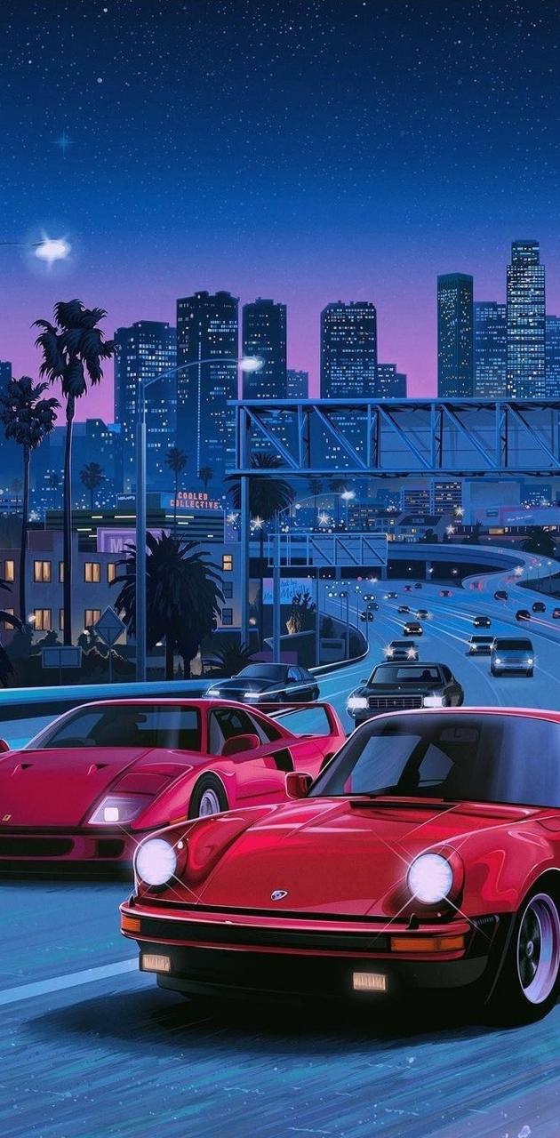 Ferrari, Porsche 911, Stadt bei Nacht, Palmen, Retro, Hochformat, Hintergrundbild fürs Smartphone