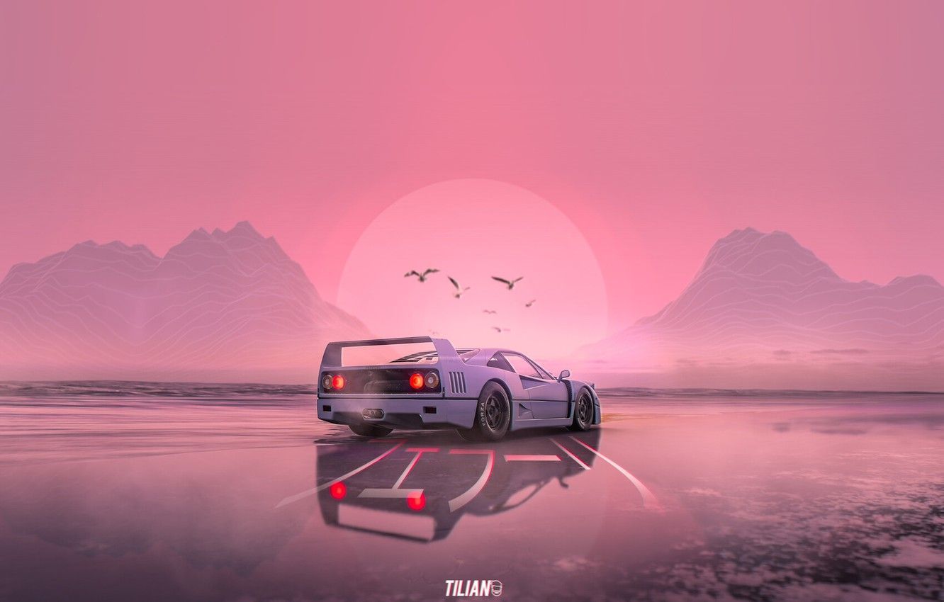 Ferrari F40, Retrowave, Spiegelung, Berge, Rosa Himmel, HD, Hintergrundbild für den PC