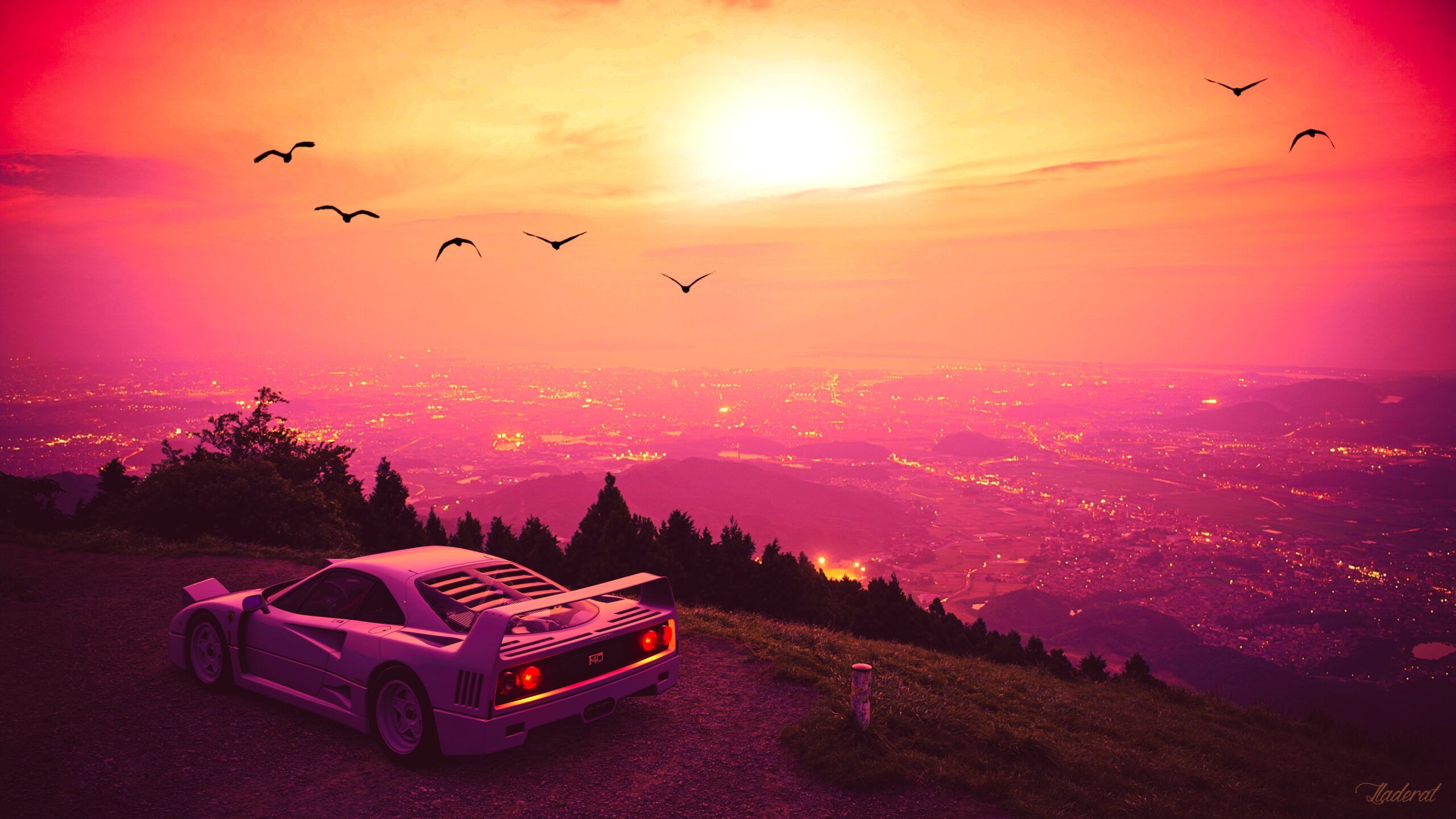 Ferrari F40, Sonnenuntergang, Hügel, Vögel, Stadtlichter, 2560x1440, Desktop-Hintergrund