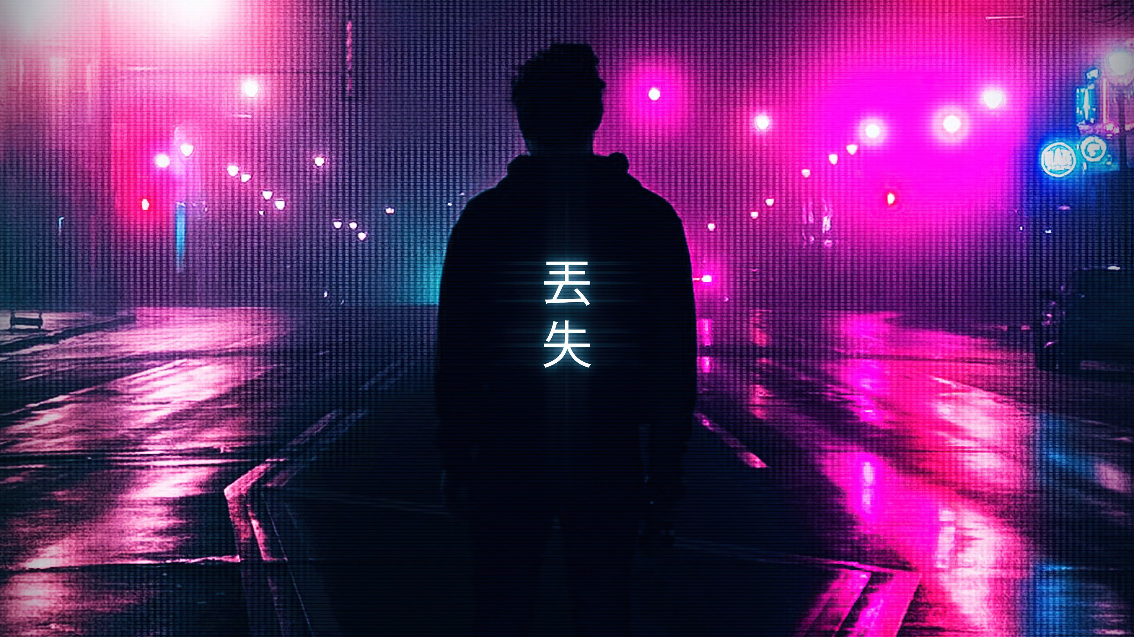 Mann, Rückansicht, Straße, Nacht, Pink, Nebel, 4K, Desktop-Hintergrund für Windows