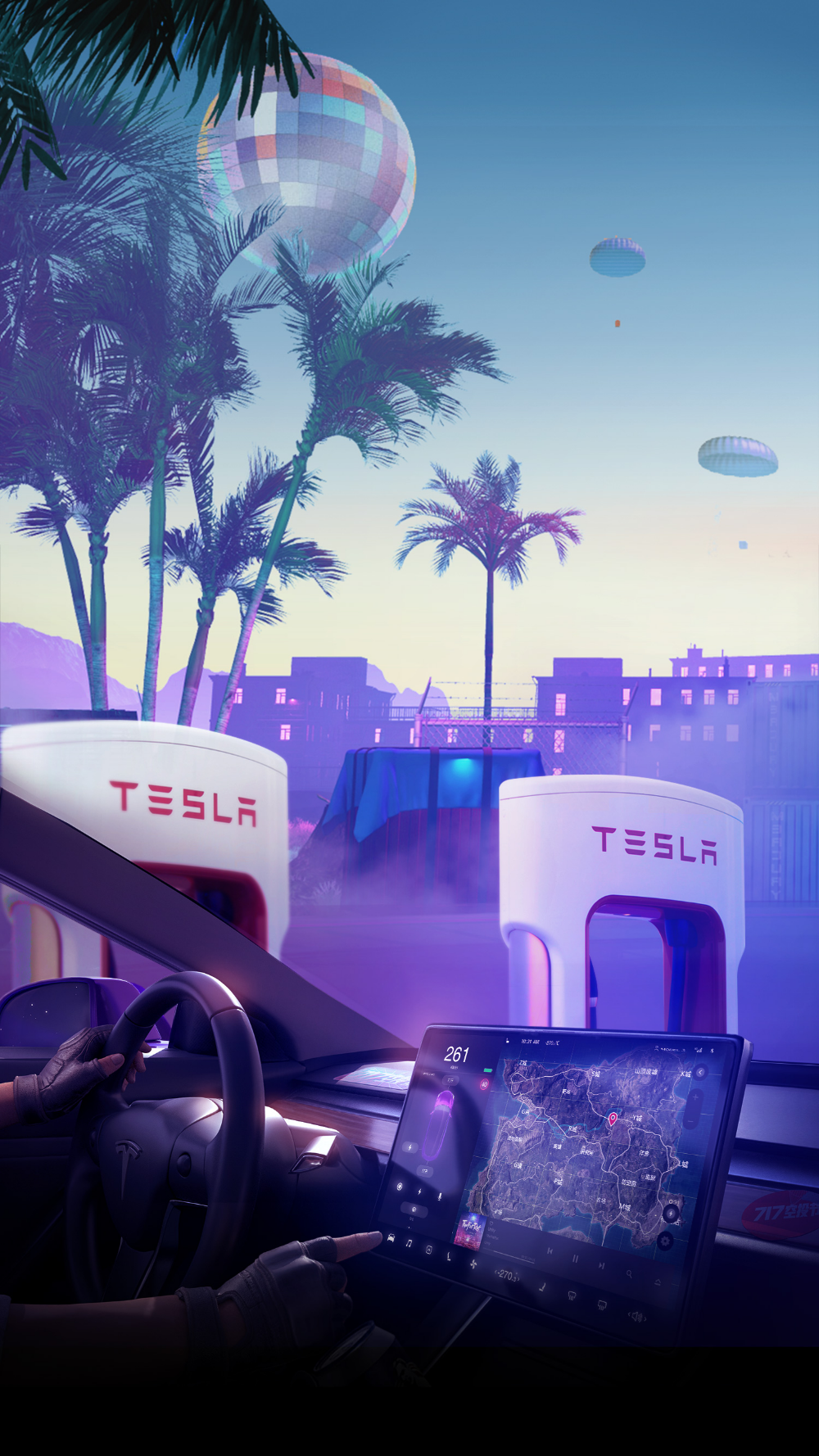 Tesla Supercharger, Tesla, Illustration, Palmen, Lila Töne, Retro-Futurismus, Sperrbildschirm