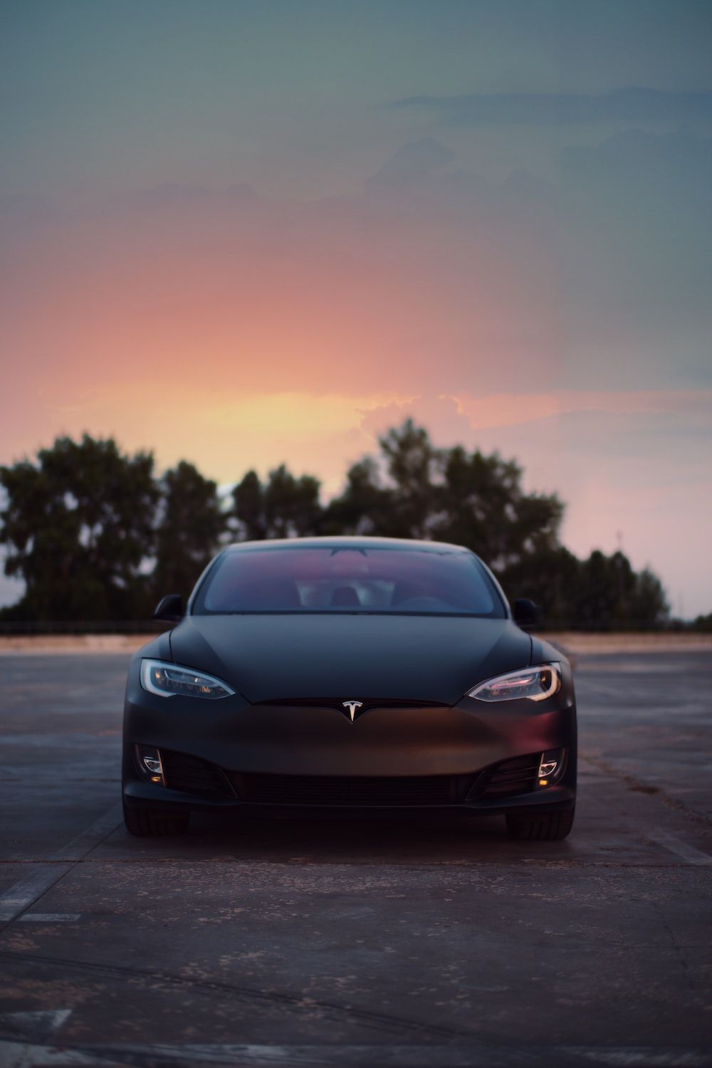 Tesla Model S, Tesla, Abendrot, Frontansicht, Parkplatz, HD, iPhone-Hintergrundbild