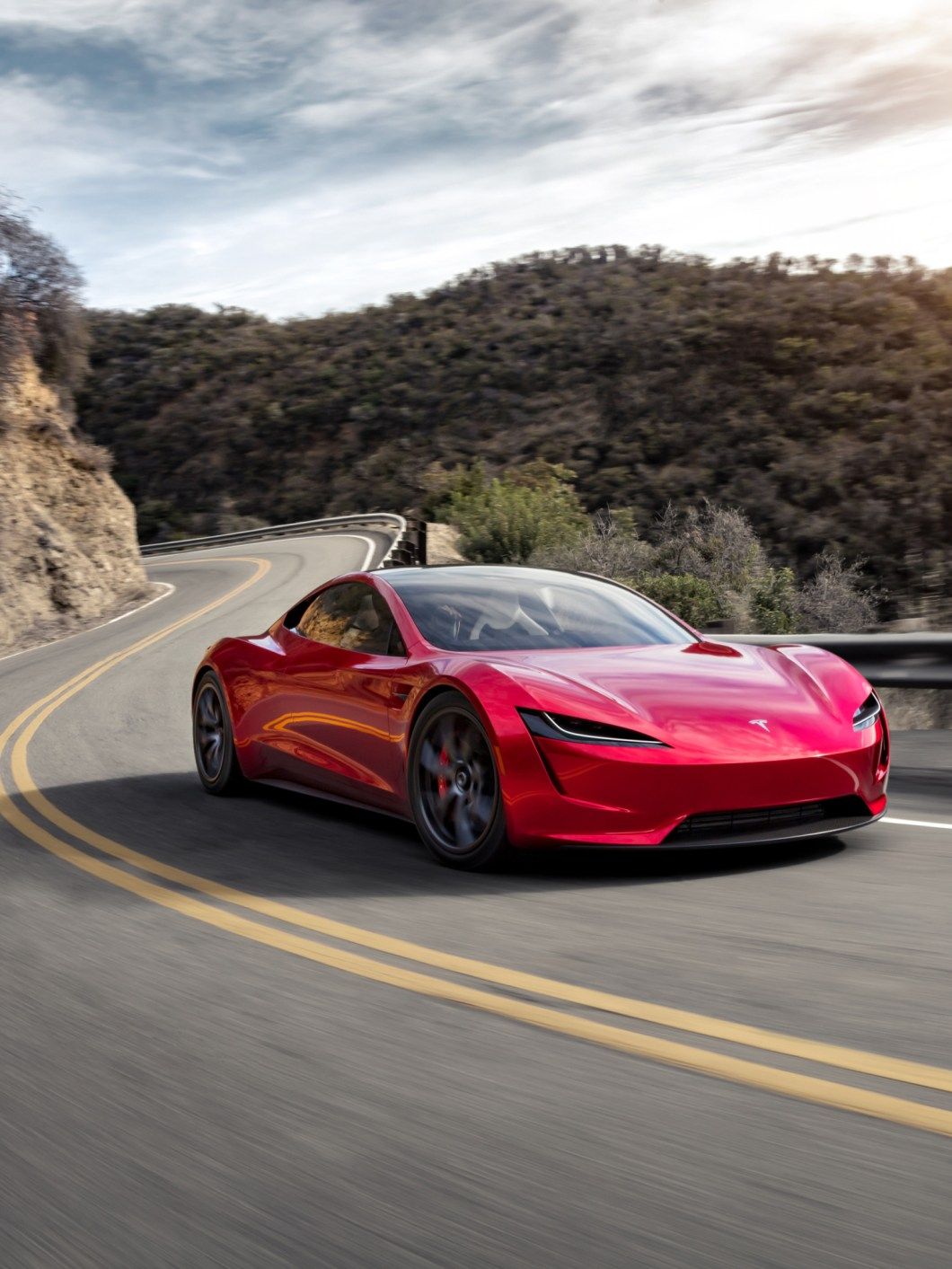 Tesla Roadster, Tesla, Roter Sportwagen, Bergstraße, Kurve, Hügel, HD, iPad-Hintergrundbild