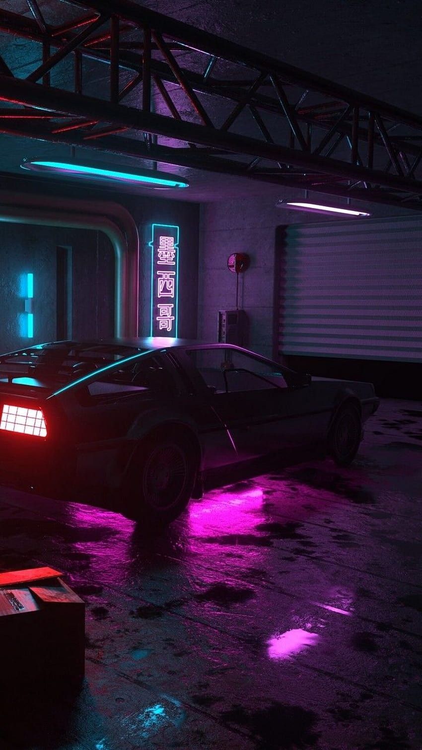 Tesla, Neonlicht, Cyberpunk, Pinkes Licht, Garage, Nacht, HD, Handy-Hintergrund