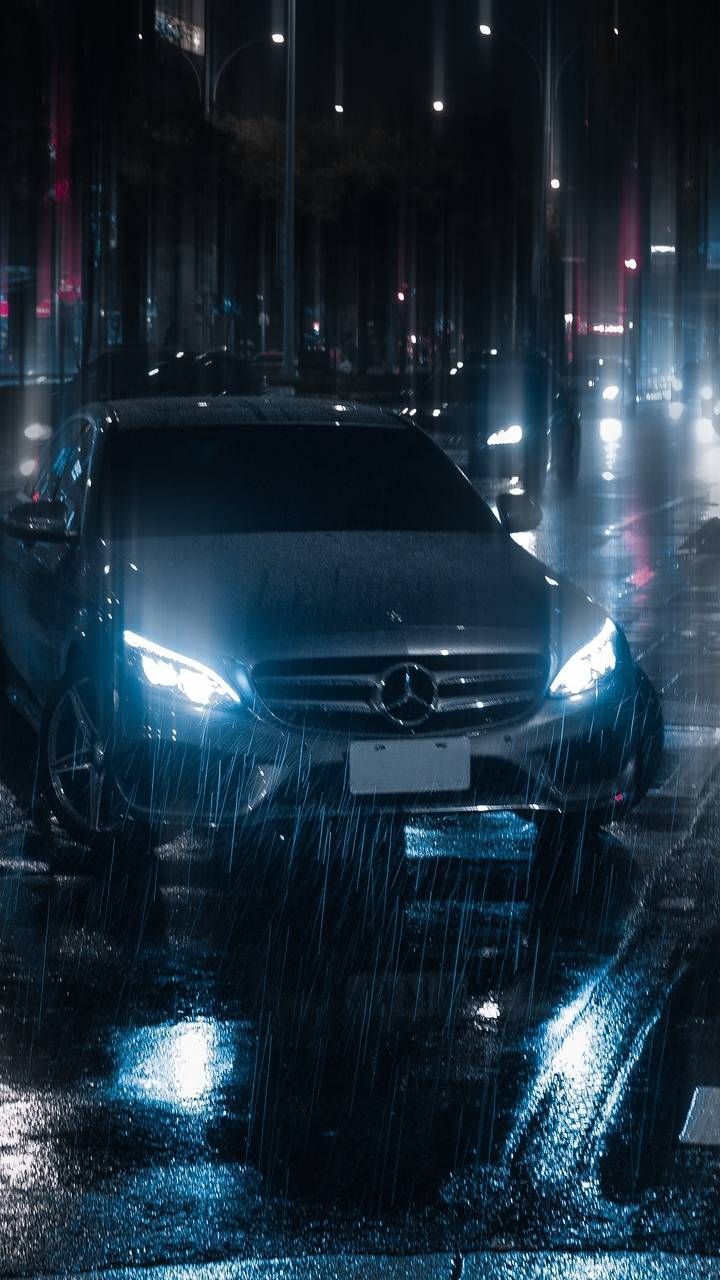 Mercedes-Benz, Nacht, Regen, Blaue Lichter, Hintergrundbild für iPhone und Android
