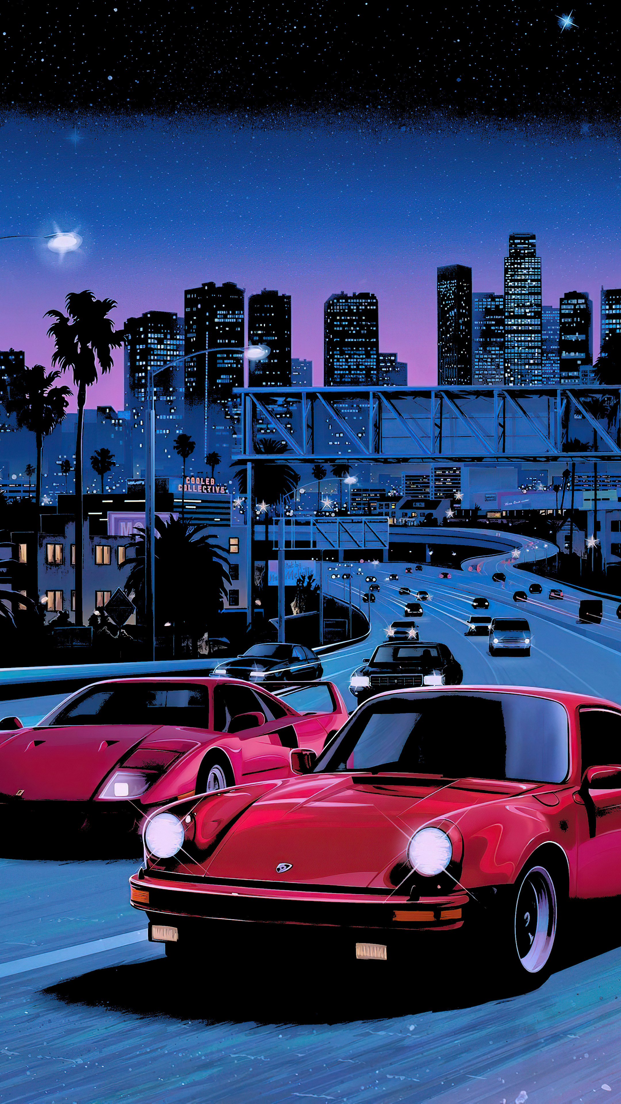 Porsche 911, Porsche, Retro-Illustration, Skyline, Nacht, Palmen, Synthwave, Handy-Hintergrund