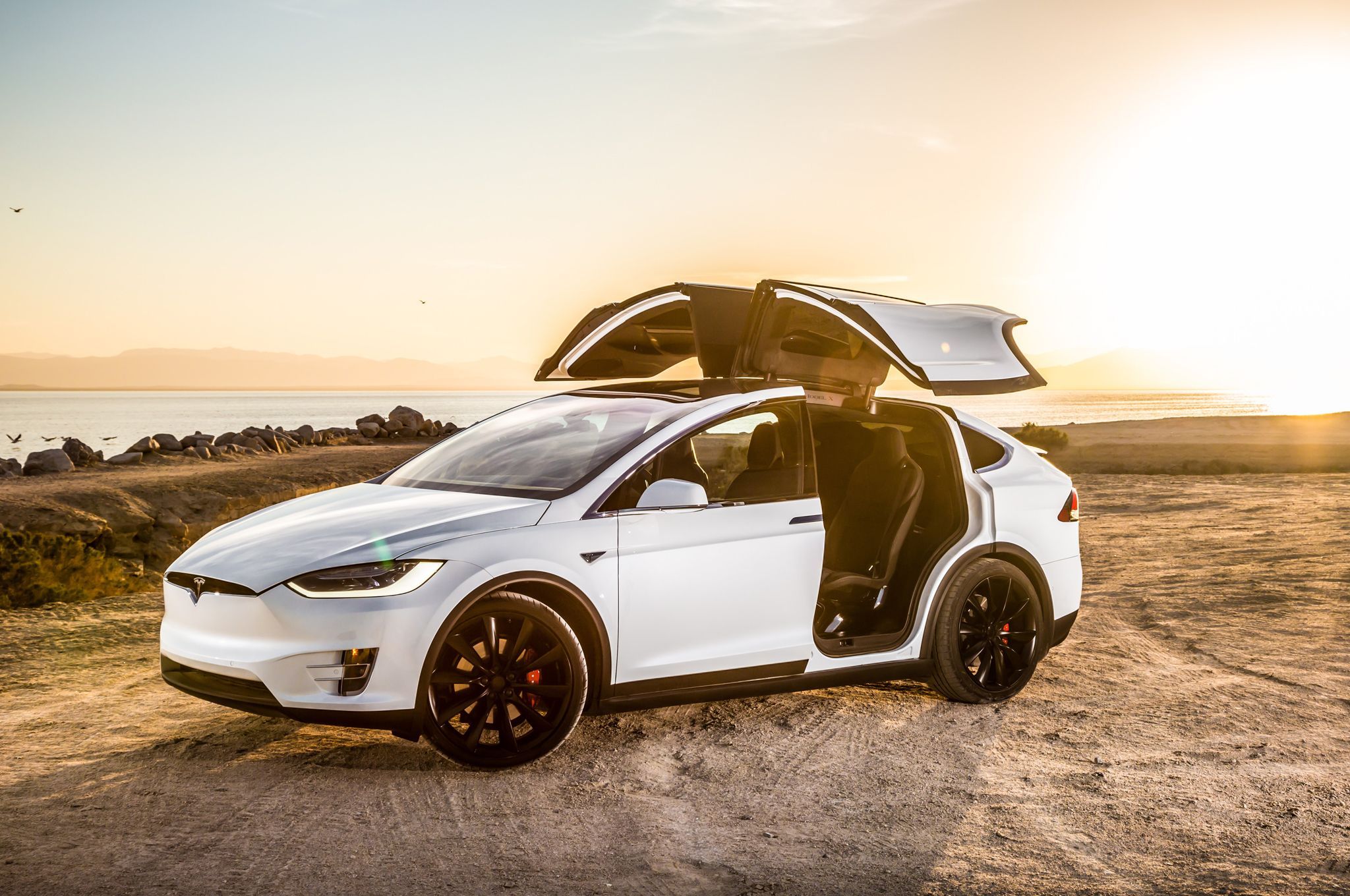 Tesla Model X, Tesla, Flügeltüren, Weißes Elektroauto, Gegenlicht, Küste, Full-HD-Hintergrundbild für PC