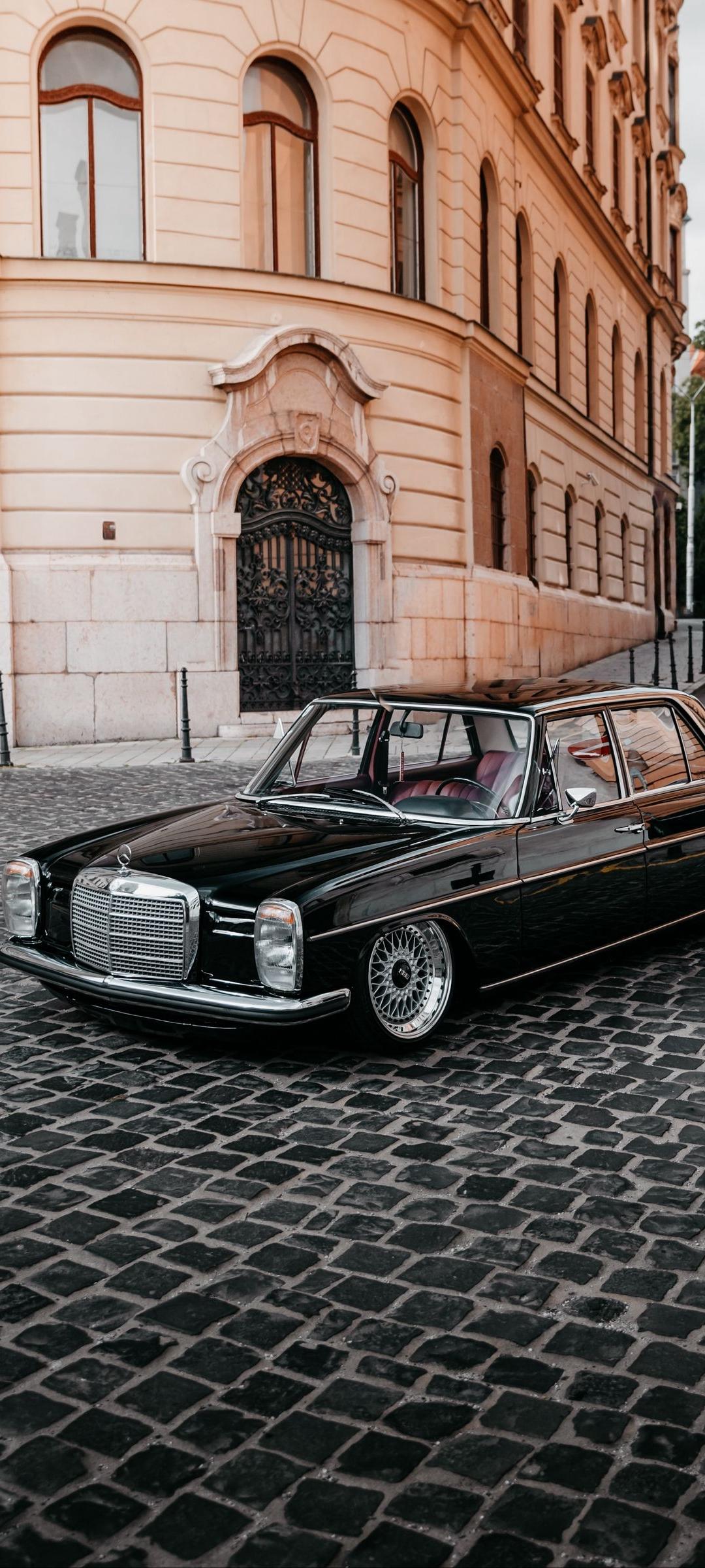 Mercedes-Benz, Oldtimer, Kopfsteinpflaster, Schwarz, Altbau, Full HD, Handy-Hintergrundbild