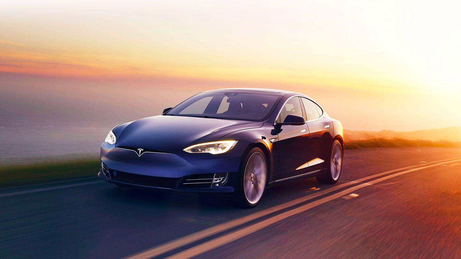 Tesla Model S, Tesla, Sonnenuntergang, Küstenstraße, Blaue Limousine, Fahrt, Full-HD-Hintergrund