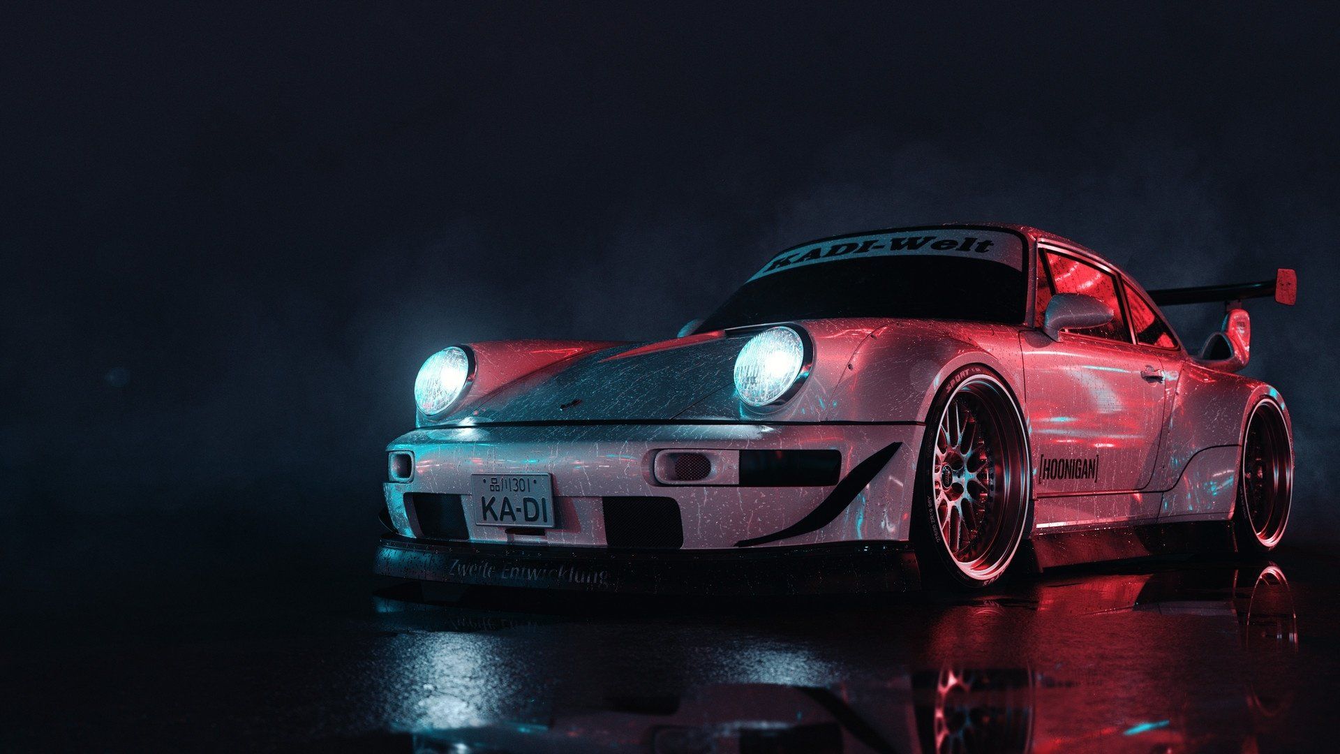 RWB Porsche 911, Rauh-Welt Begriff, Porsche, Tuning, Regen, Nacht, Roter Sportwagen, 1080p Wallpaper