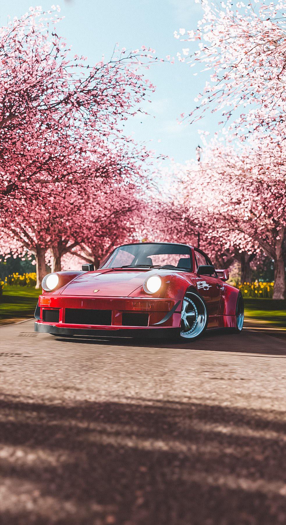 Porsche 911, Porsche, Kirschblüte, Frühling, Roter Sportwagen, HD, Handy-Hintergrund