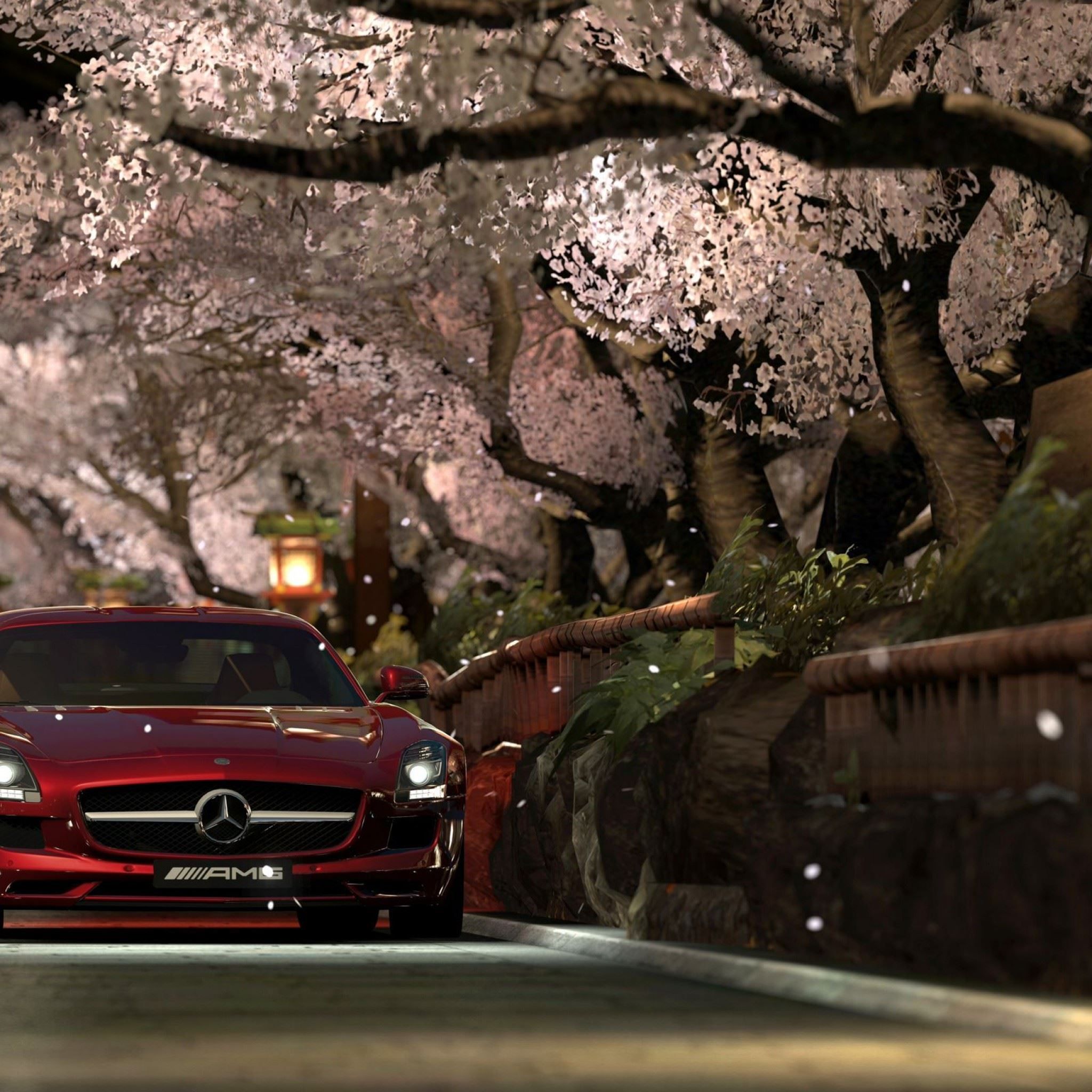 Mercedes-Benz SLS AMG, Rot, Kirschblüten, Nacht, Full HD, iPad-Hintergrundbild