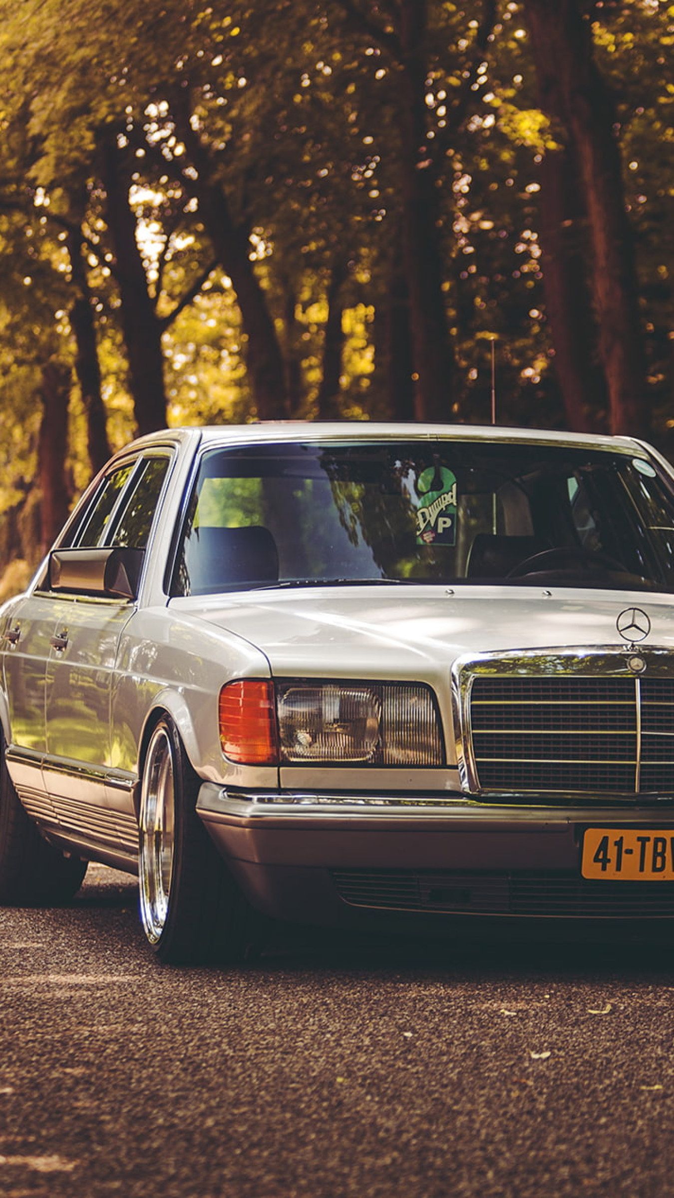 Mercedes-Benz S-Klasse W126, Oldtimer, Silber, Herbst, Full HD, Hintergrundbild fürs Handy
