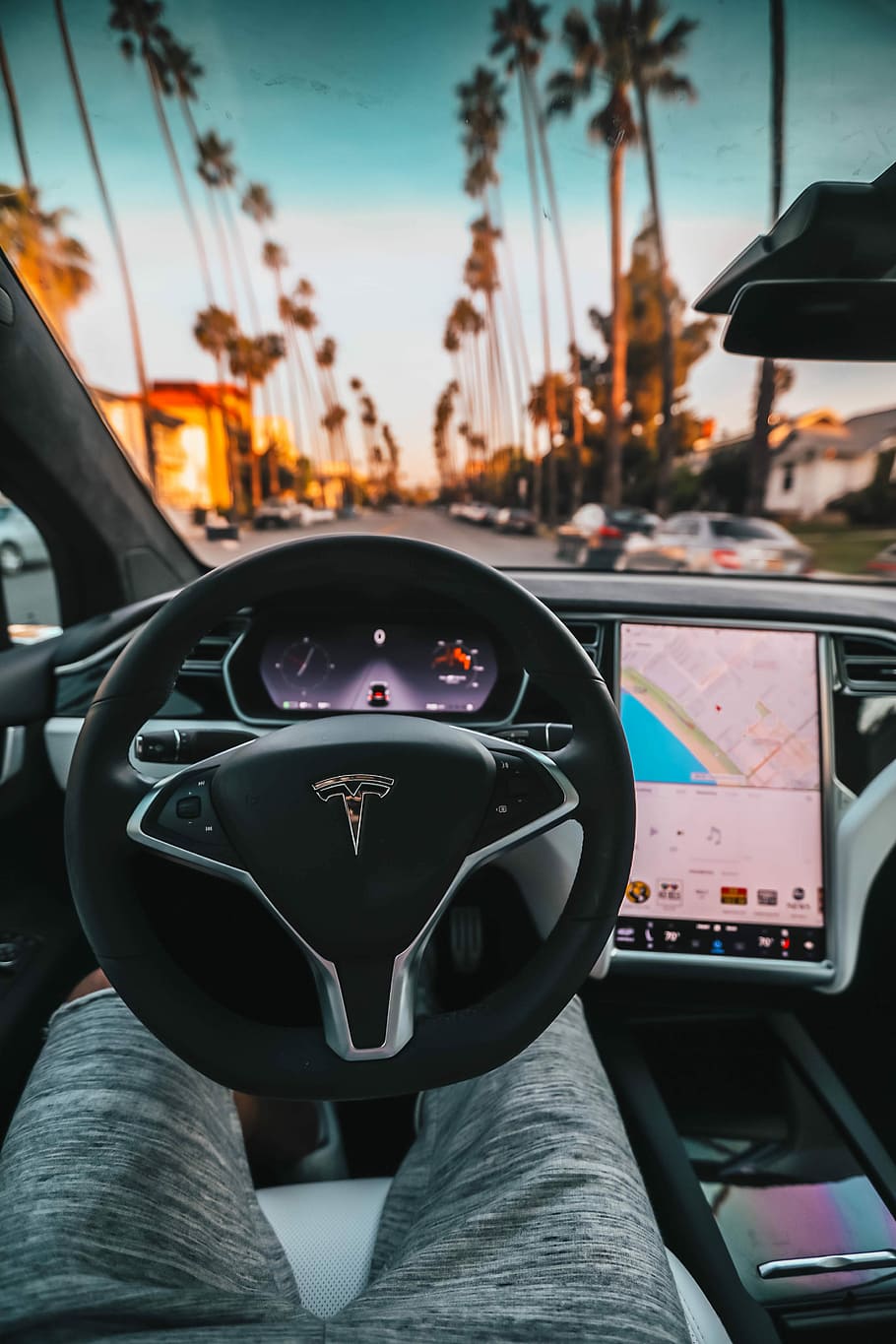 Tesla, Lenkrad, Cockpit, Touchscreen, Palmen, Fahrerperspektive, Android-Hintergrundbild