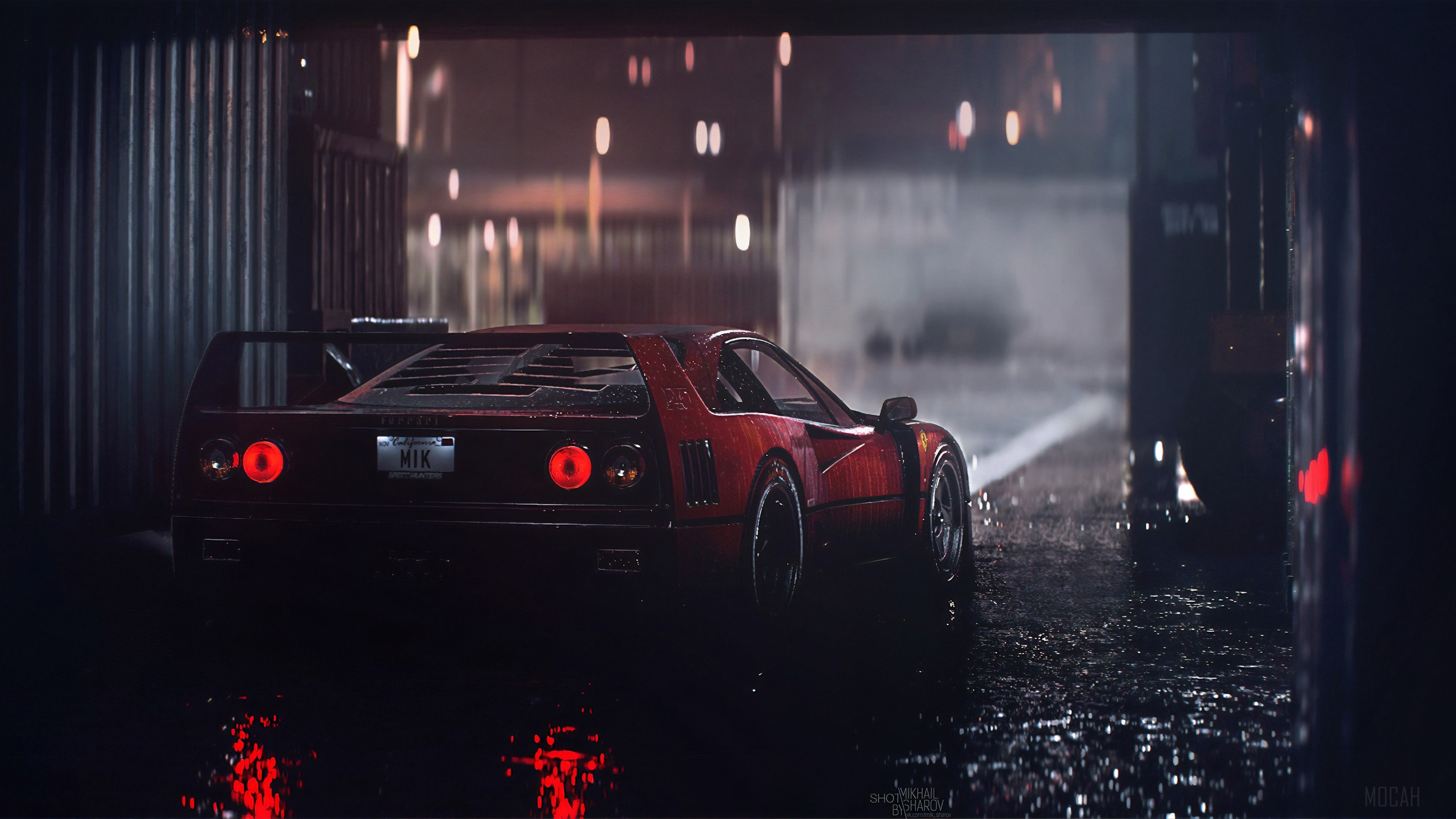 Ferrari F40, Heckansicht, Nacht, Nasse Straße, Rücklichter, 4K, PC-Hintergrundbild