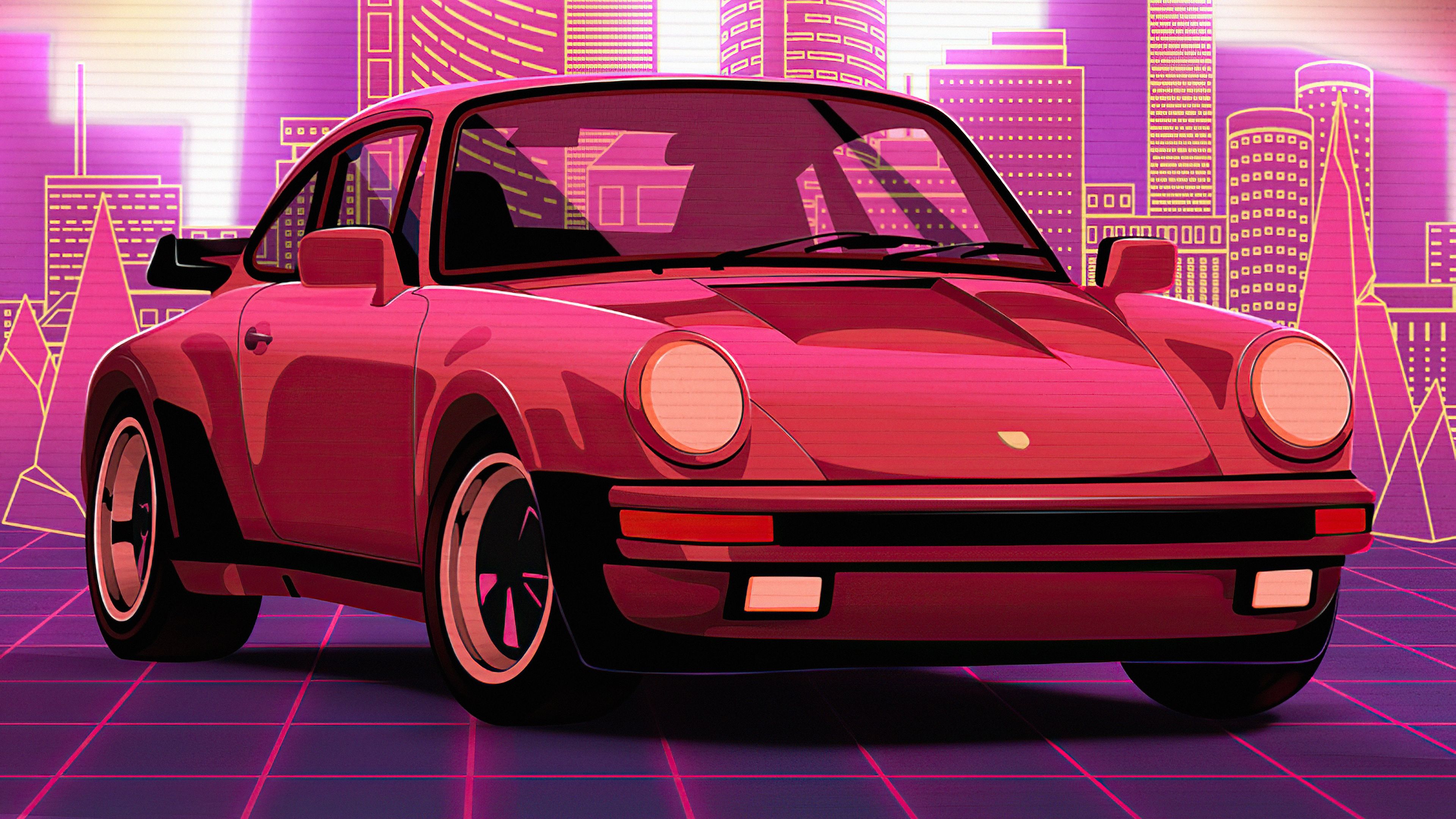 Porsche 911 Turbo, Porsche 930, Porsche, Synthwave, Retro-Illustration, Neonpink, Skyline, 4K-Hintergrundbild