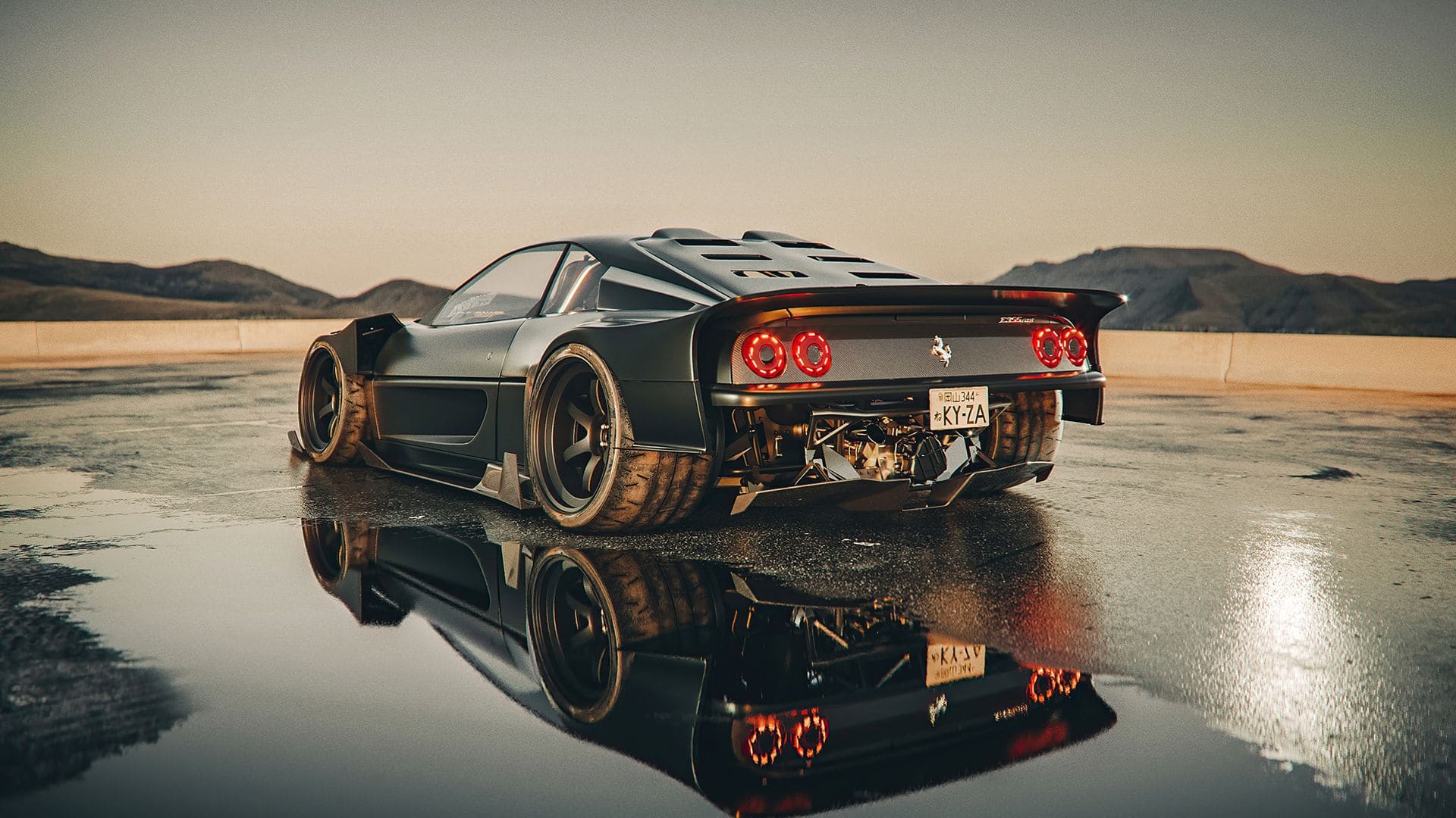 Ferrari, Schwarzer Sportwagen, Spiegelung, Wüste, Pfütze, 1920x1080, PC-Hintergrundbild