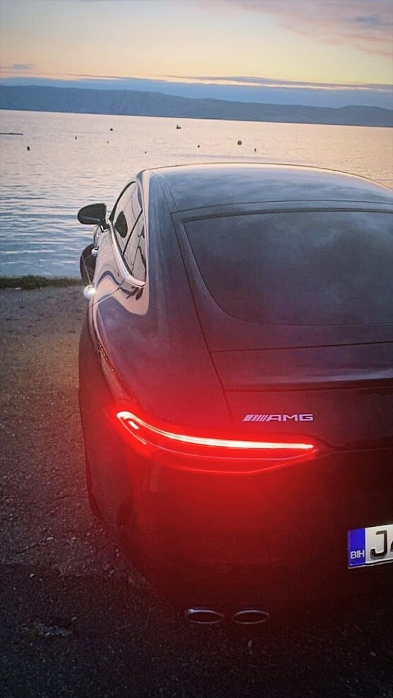 Mercedes-AMG GT, Rücklichter, See, Dämmerung, HD, Hintergrundbild fürs Handy