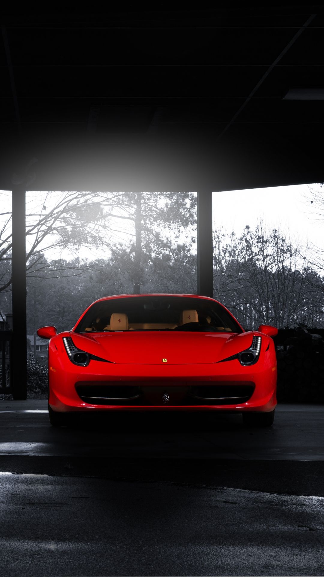 Ferrari, Sportwagen, Unterführung, Schwarz-Weiß, Rot, Full HD, Hintergrundbild fürs Handy