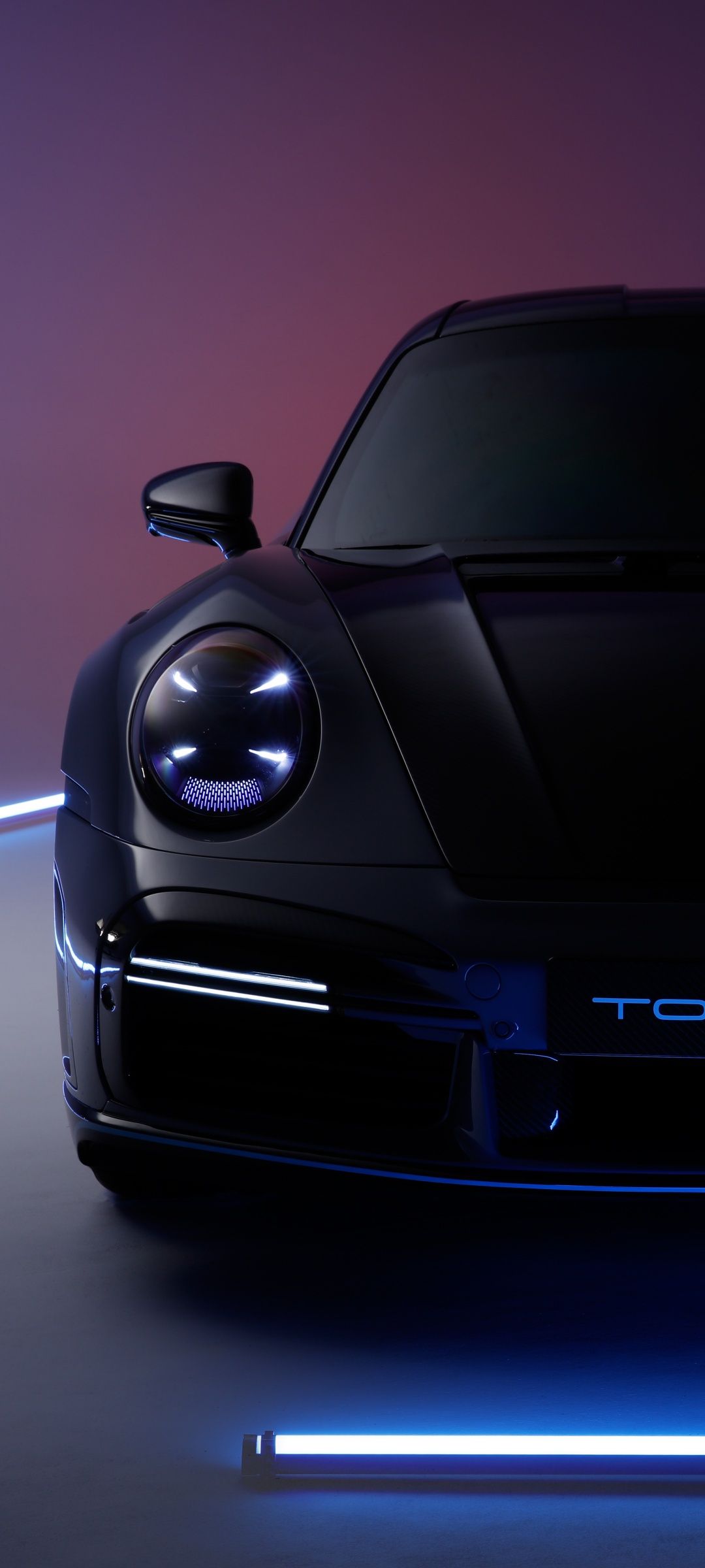 Porsche, Sportwagen, Scheinwerfer, Blaues Licht, Dunkel, Frontansicht, Full HD, Handy-Hintergrund