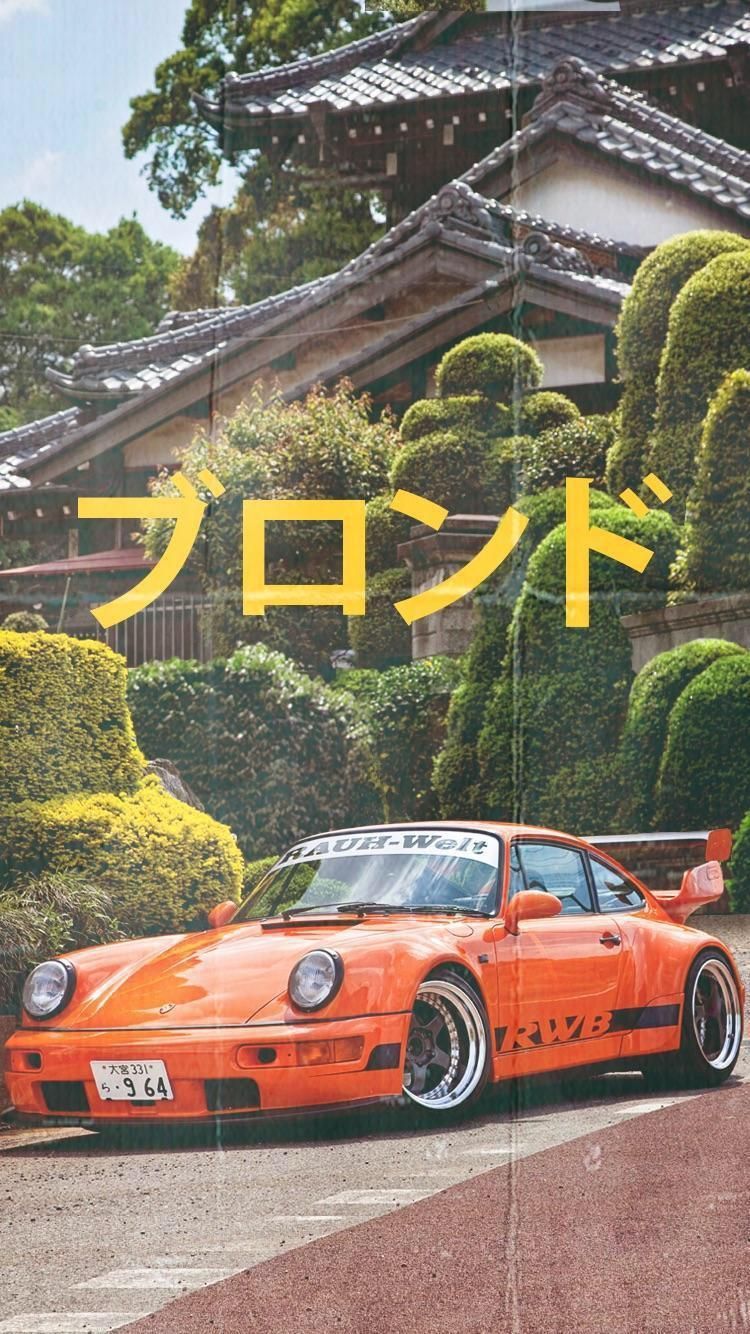 RWB Porsche 911, Porsche, Japanisches Haus, Japanische Schrift, Orange Sportwagen, Bonsai, HD-Handy-Hintergrundbild