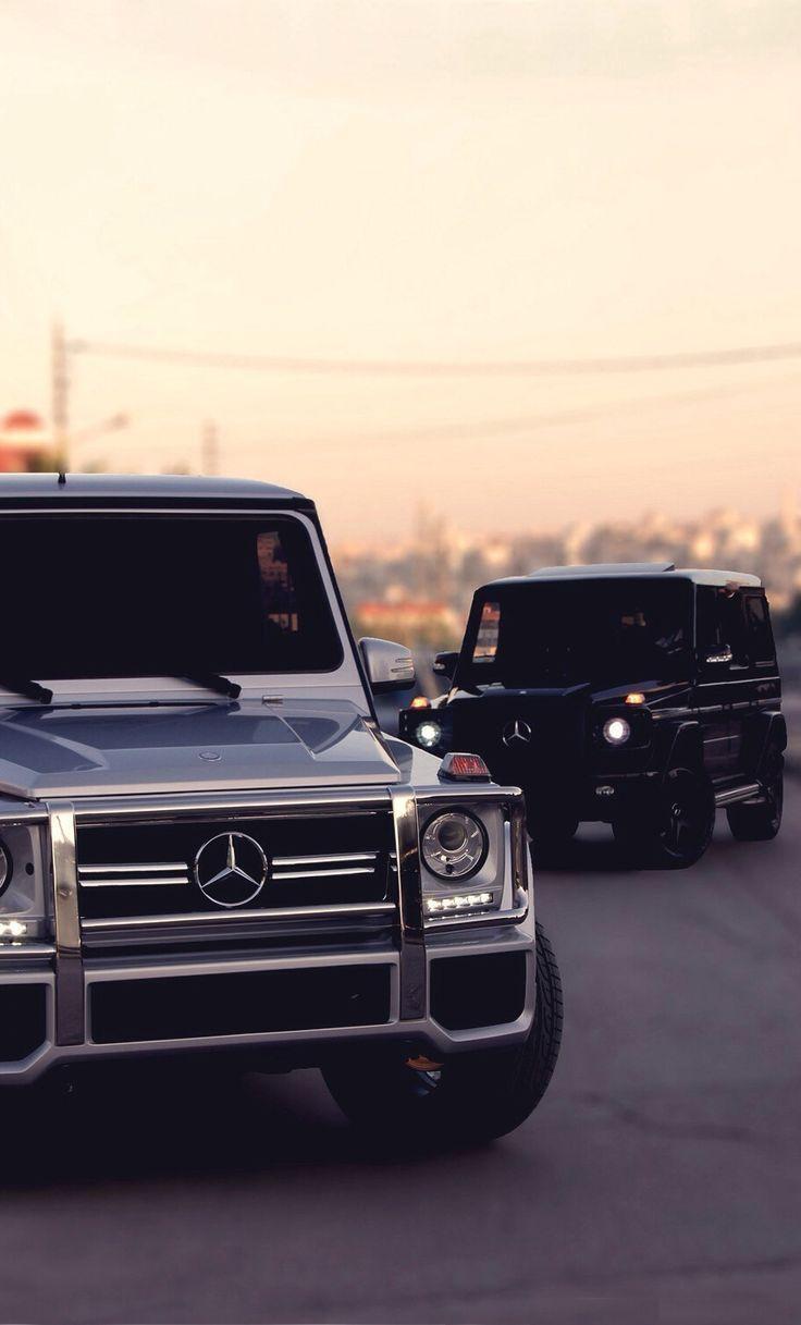 Mercedes G-Klasse, Zwei Fahrzeuge, Sonnenuntergang, Geländewagen, HD, Handy-Hintergrund