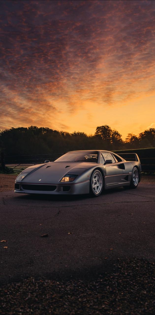 Ferrari F40, Silberner Sportwagen, Sonnenuntergang, Silhouette, Android-Hintergrundbild